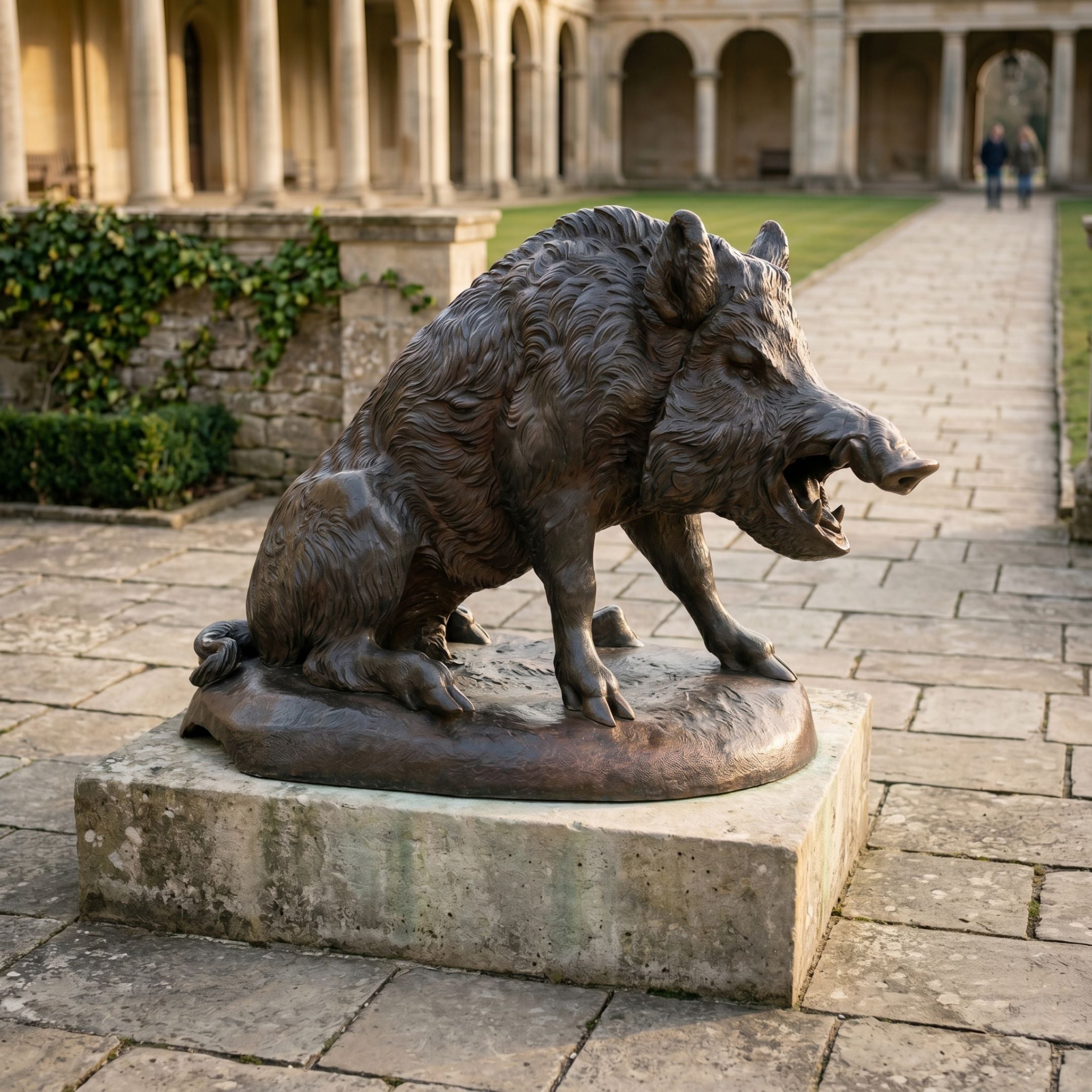 Large Traditional Wild Boar Bronze Sculpture by Giant Sculptures, 150cm, shown in side view with bared tusks on a stone plinth in a columned courtyard.