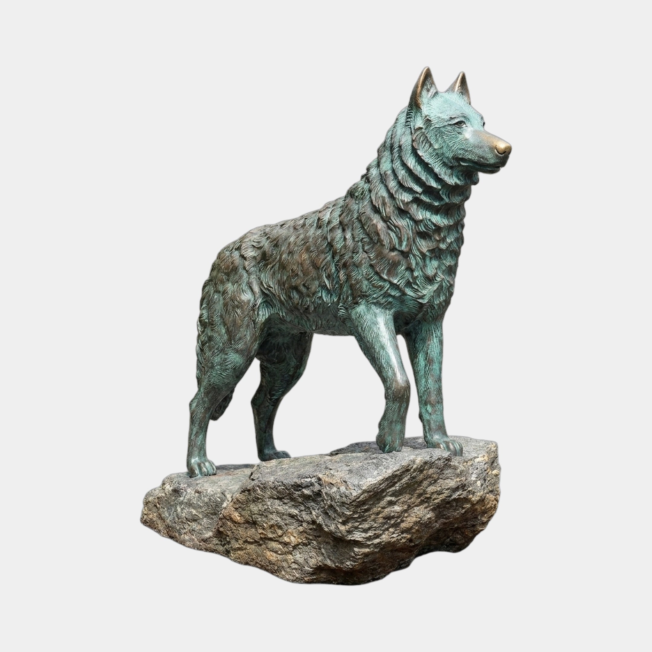 Life-Size Alert Husky Dog Bronze Sculpture by Giant Sculptures, shown in profile with verdigris patina and warmer bronze face, standing on a natural boulder base.