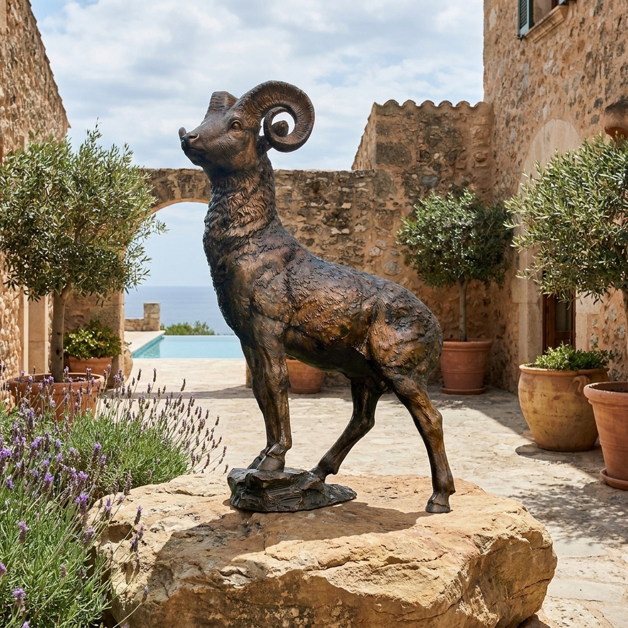 Life-Size Bighorn Ram Bronze Sculpture by Giant Sculptures in warm brown patina, head raised on a rocky base in a Mediterranean courtyard near a pool.