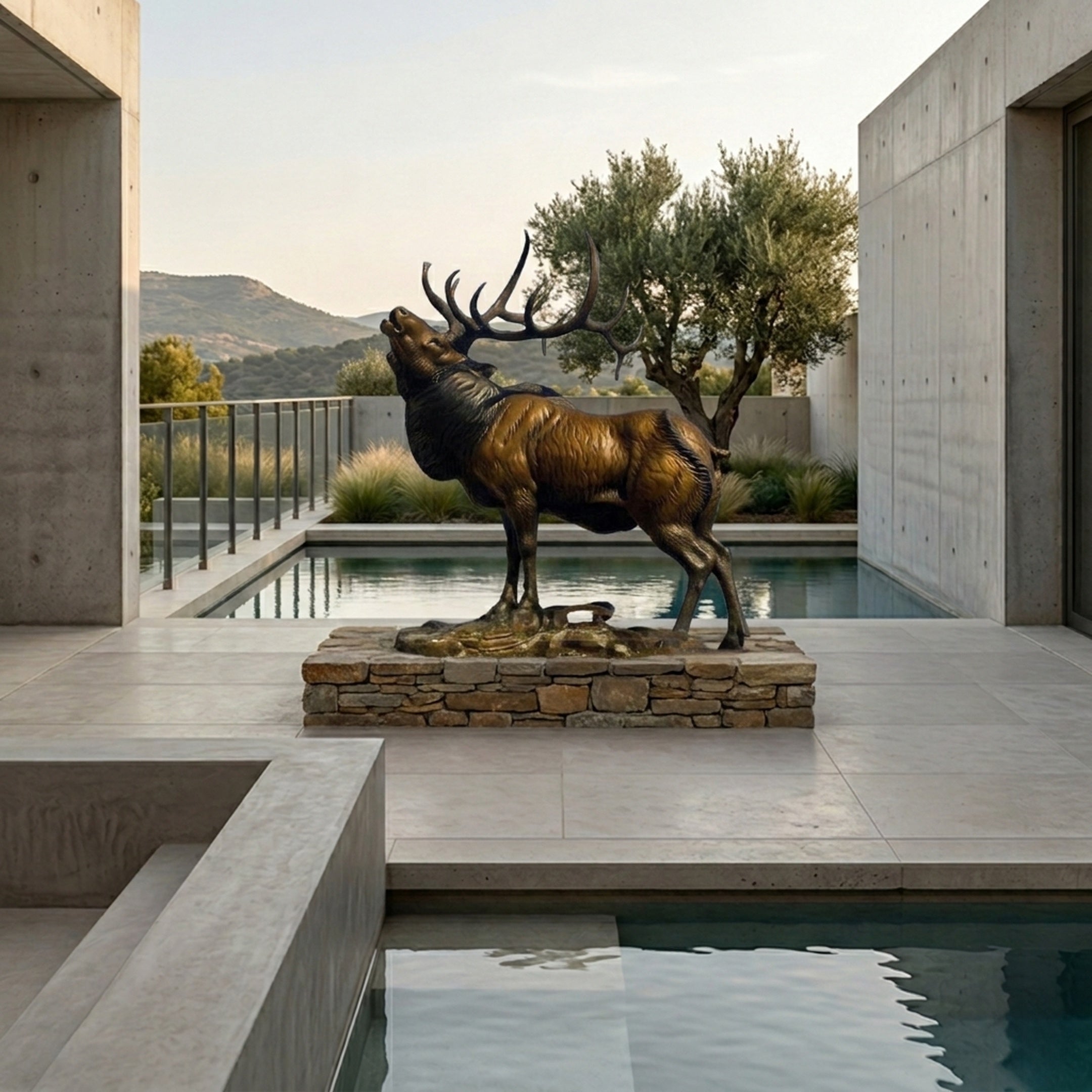 Life-Size Bugling Bull Elk Bronze Sculpture by Giant Sculptures on a stacked stone plinth beside a concrete pool terrace with olive tree and hills.