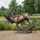 Life-Size Bull Elk Striding Bronze Sculpture by Giant Sculptures shown in side profile with head raised mid-bugle, displayed on a gravel garden path beside flowering borders.