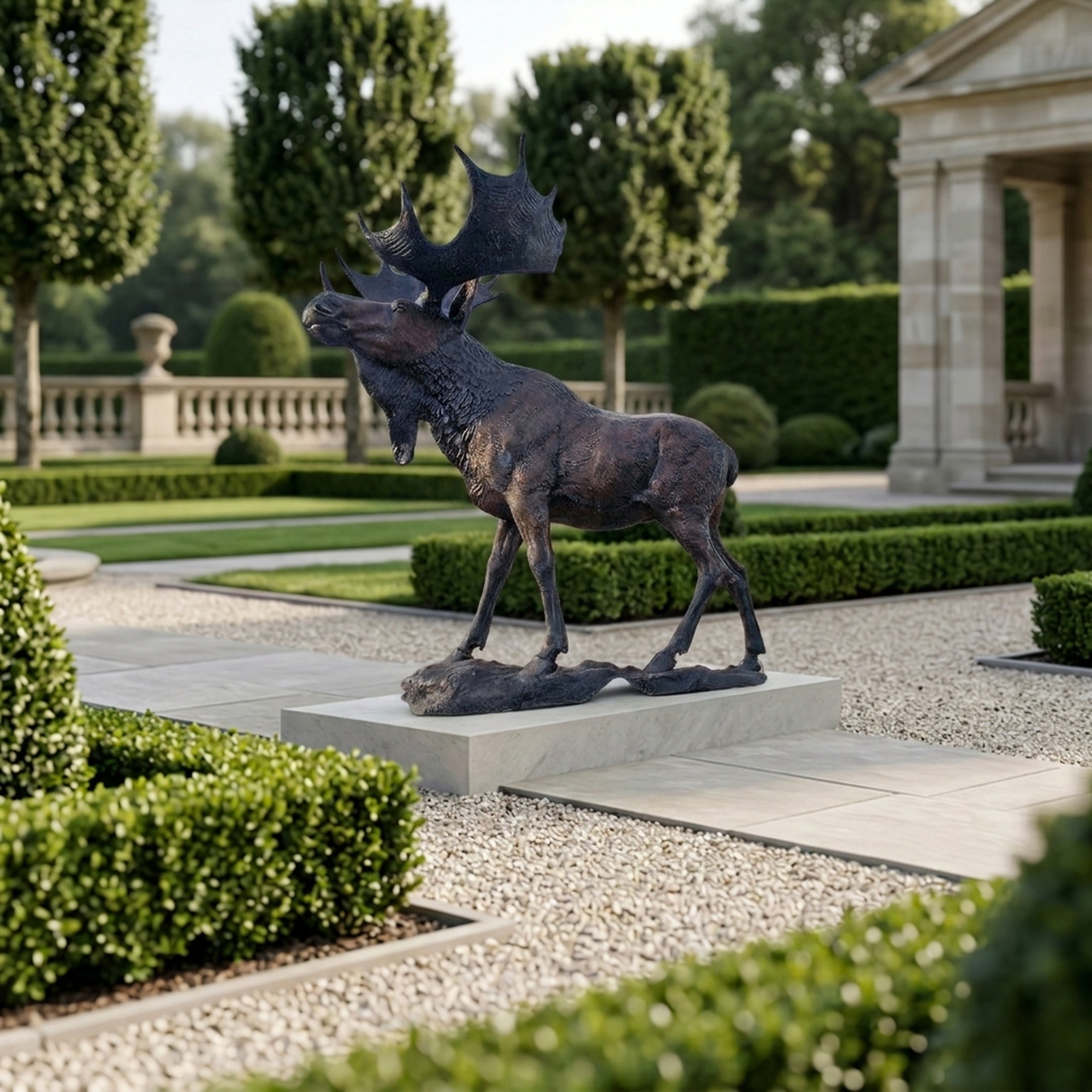Life-Size Bull Moose Bronze Sculpture by Giant Sculptures with raised head and wide antlers, displayed on a stone plinth in a formal hedged garden.