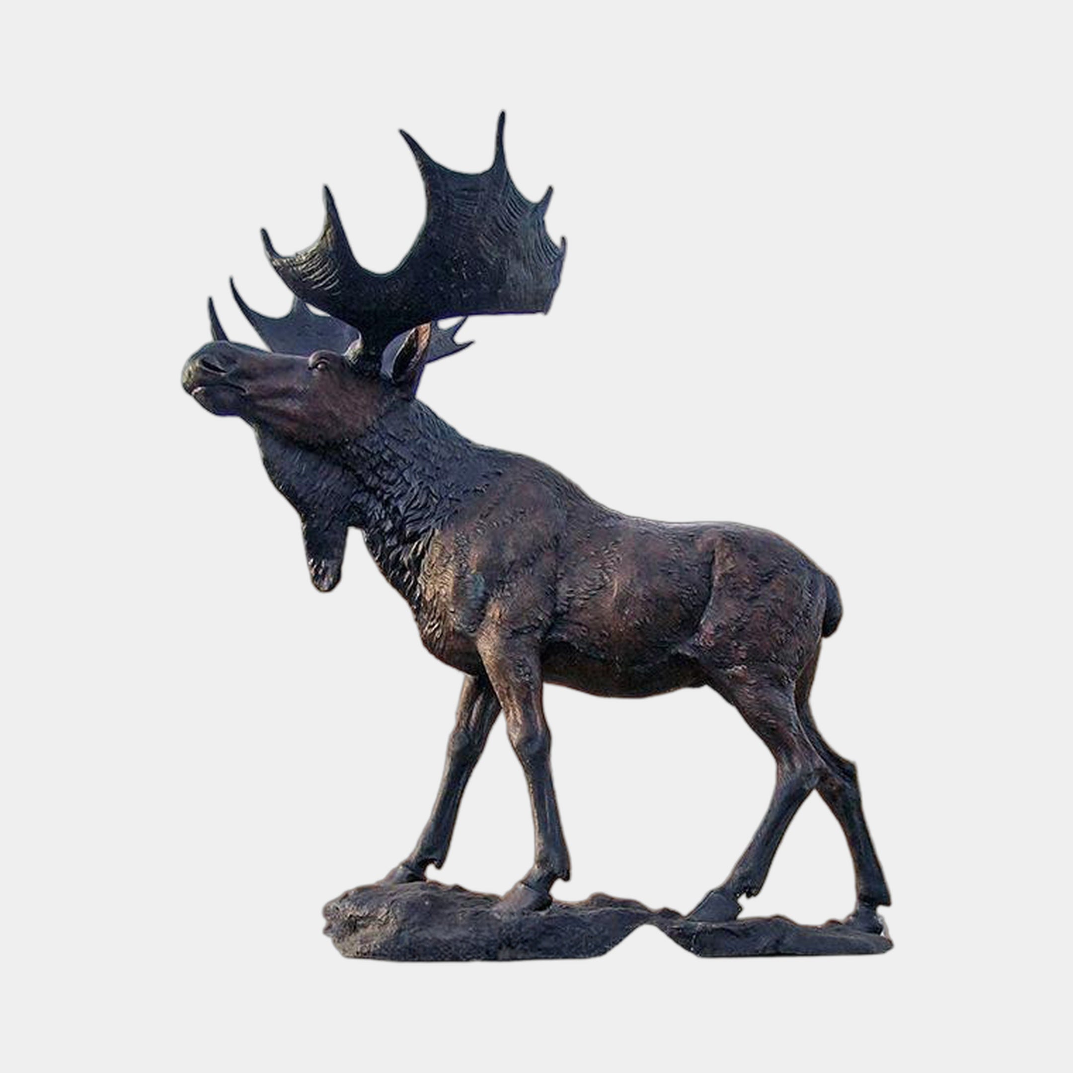 Giant Sculptures Life-Size Bull Moose Bronze Sculpture 290cm, side view of a striding moose with raised head and broad palmate antlers on a rocky base.