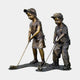 Giant Sculptures Life-Size Children Playing Golf Bronze Sculpture, 130cm, showing a girl and boy in caps mid-putt with clubs and balls on a shaped base.
