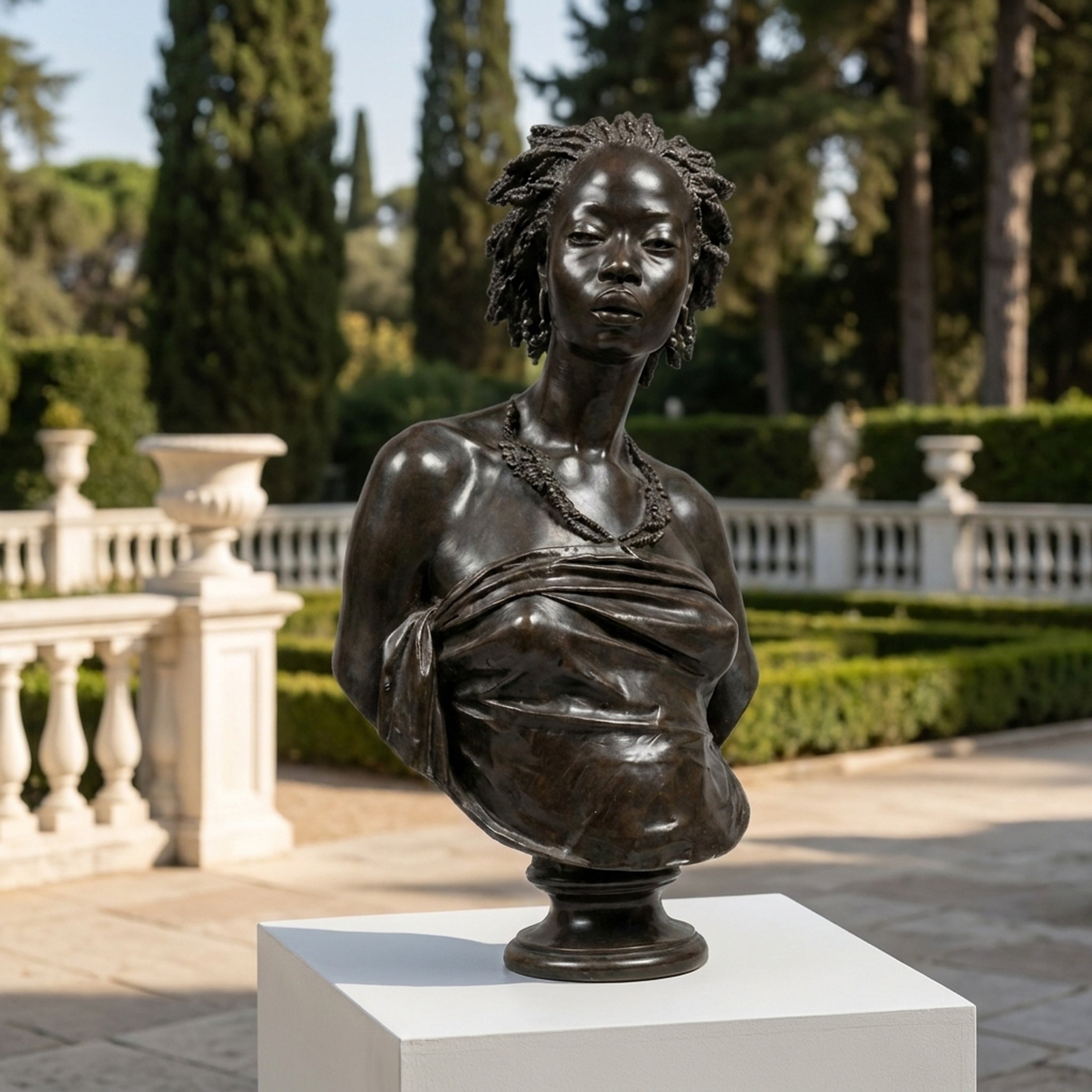 Life-Size Classical African Woman Bust Bronze Sculpture by Giant Sculptures, dark patina with braided hair and draped fabric, on a white plinth in a garden terrace.