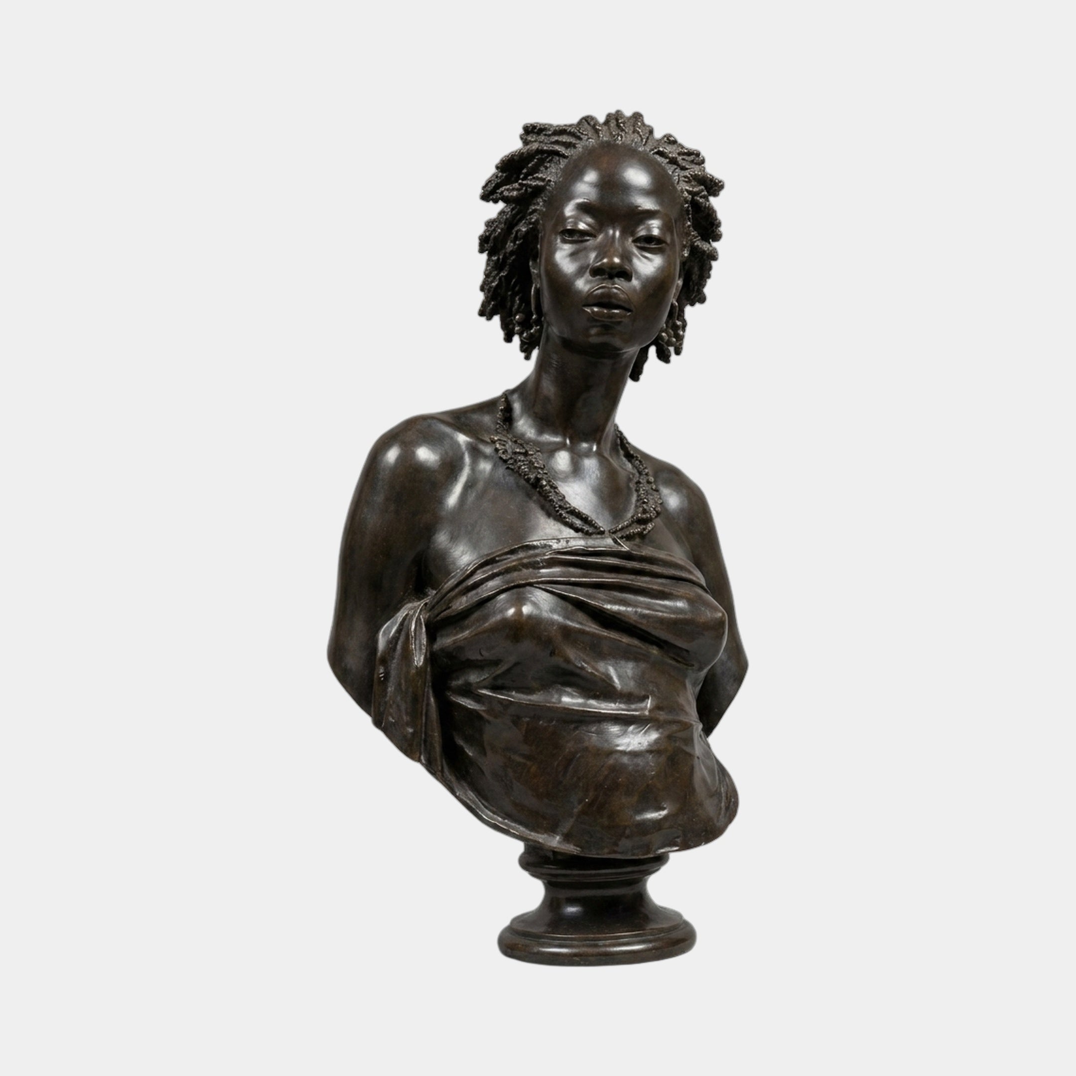 Life-Size Classical African Woman Bust Bronze Sculpture by Giant Sculptures, dark patina front view with braided hair, beaded necklace, draped fabric, on pedestal.