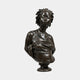 Life-Size Classical African Woman Bust Bronze Sculpture by Giant Sculptures, dark patina front view with braided hair, beaded necklace, draped fabric, on pedestal.