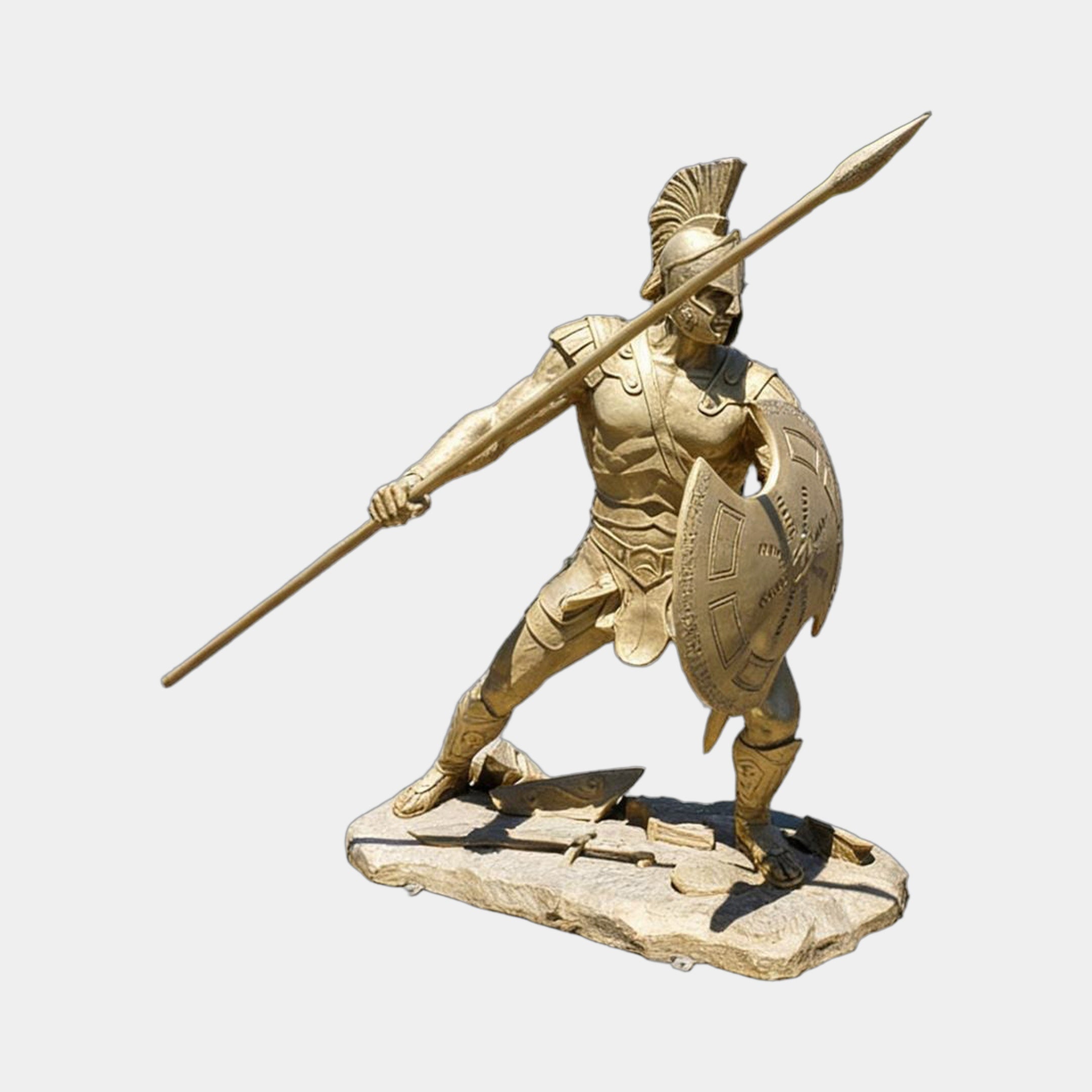 Life-Size Classical Ancient Warrior Bronze Statue by Giant Sculptures in polished gold, lunging with spear raised and round shield, on a stone-effect base.