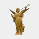 Life-Size Classical Angel Bronze Sculpture by Giant Sculptures in hand-finished gold, wings spread with trumpet raised and robes flowing, shown on a plain background.