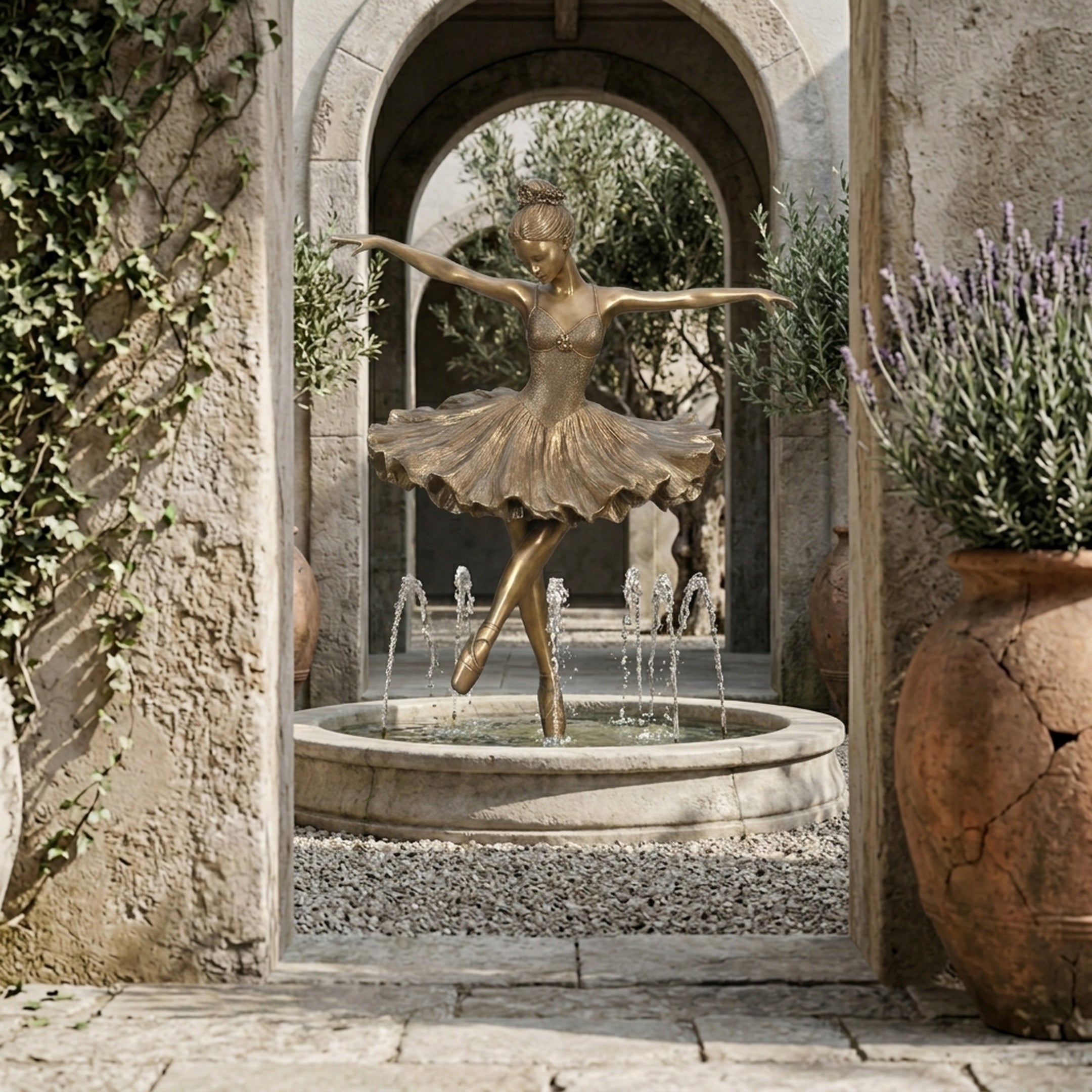 Life-Size Classical Ballerina Dancer Bronze Fountain by Giant Sculptures in arabesque en pointe within a circular stone basin, framed by a stone archway.