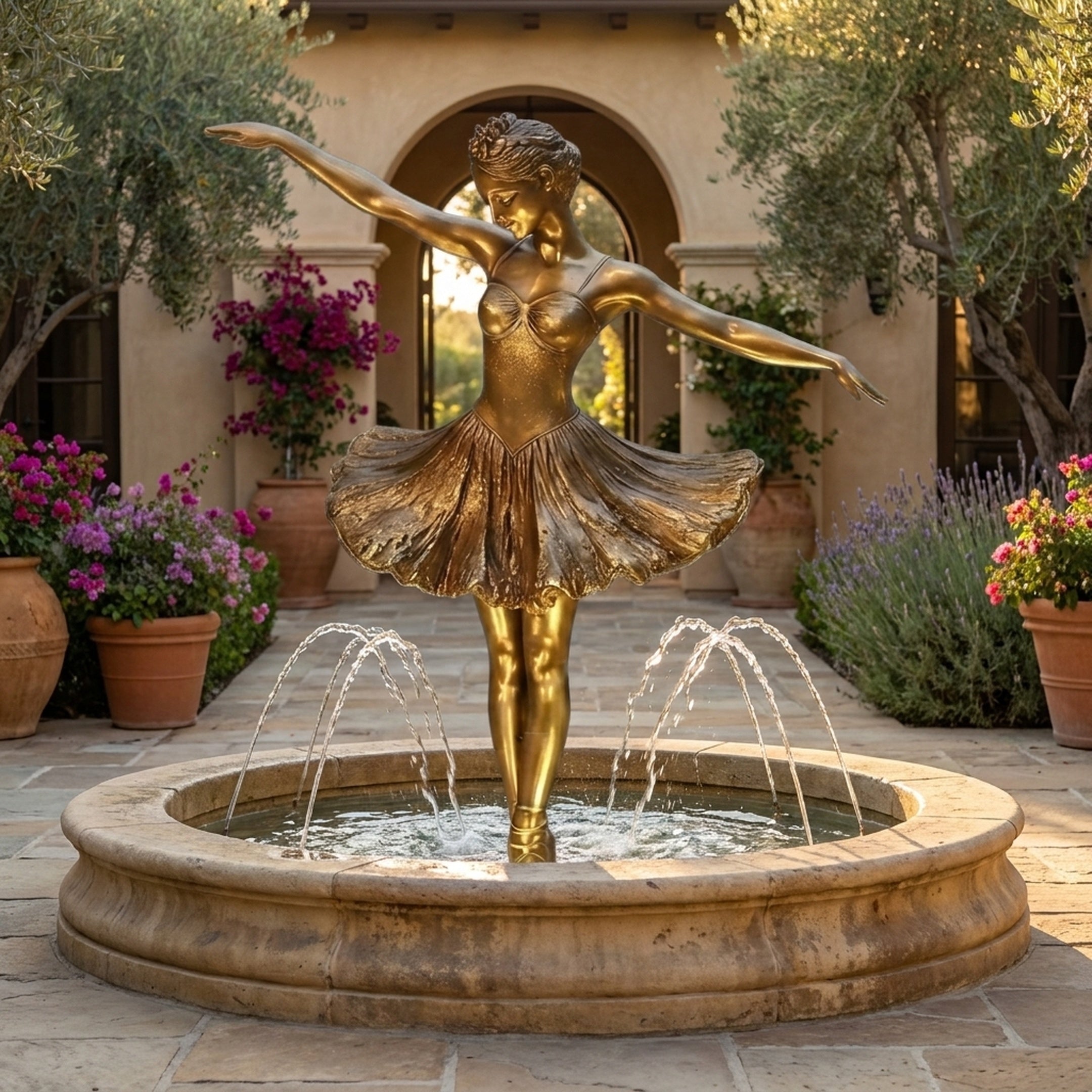 Life-Size Classical Ballerina en Pointe Bronze Fountain by Giant Sculptures, gold-toned dancer mid-arabesque on a stone basin with water jets in a courtyard.