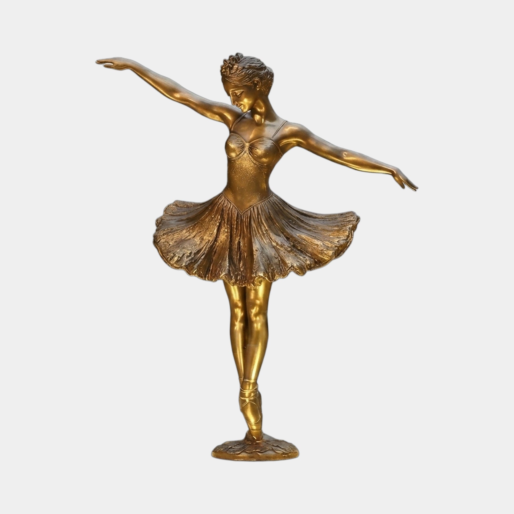 Giant Sculptures Life-Size Classical Ballerina en Pointe Bronze Fountain in warm gold patina, arms extended mid-arabesque with fanned tutu, on a plain background.