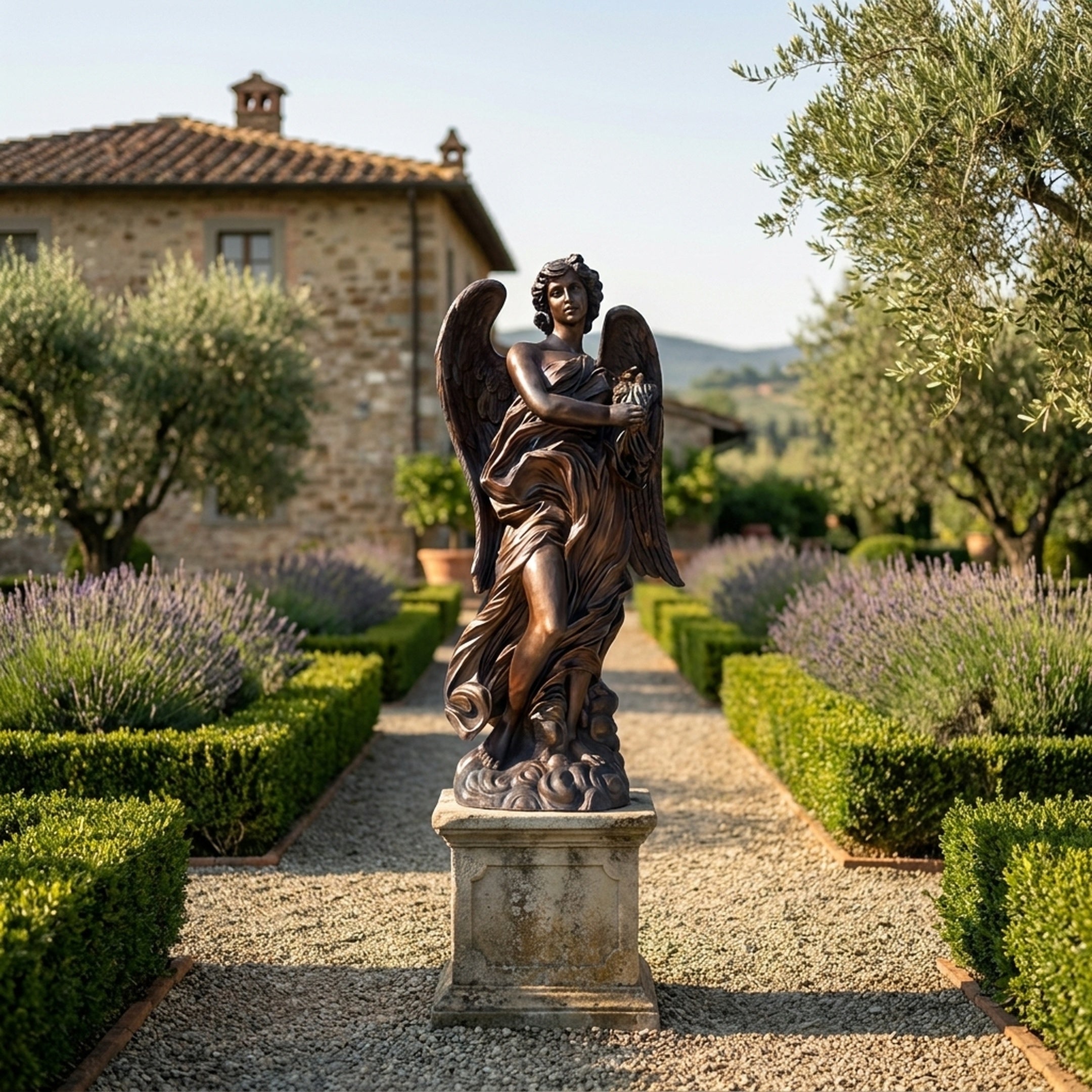 Life-Size Classical Baroque Angel Bronze Sculpture by Giant Sculptures on a stone plinth along a gravel path lined with lavender and boxwood near a Tuscan villa.