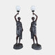 Pair of Giant Sculptures Life-Size Classical Draped Female Figure Lamp Bronze Sculptures in dark patina, each raising a white globe lamp overhead, on round bases.