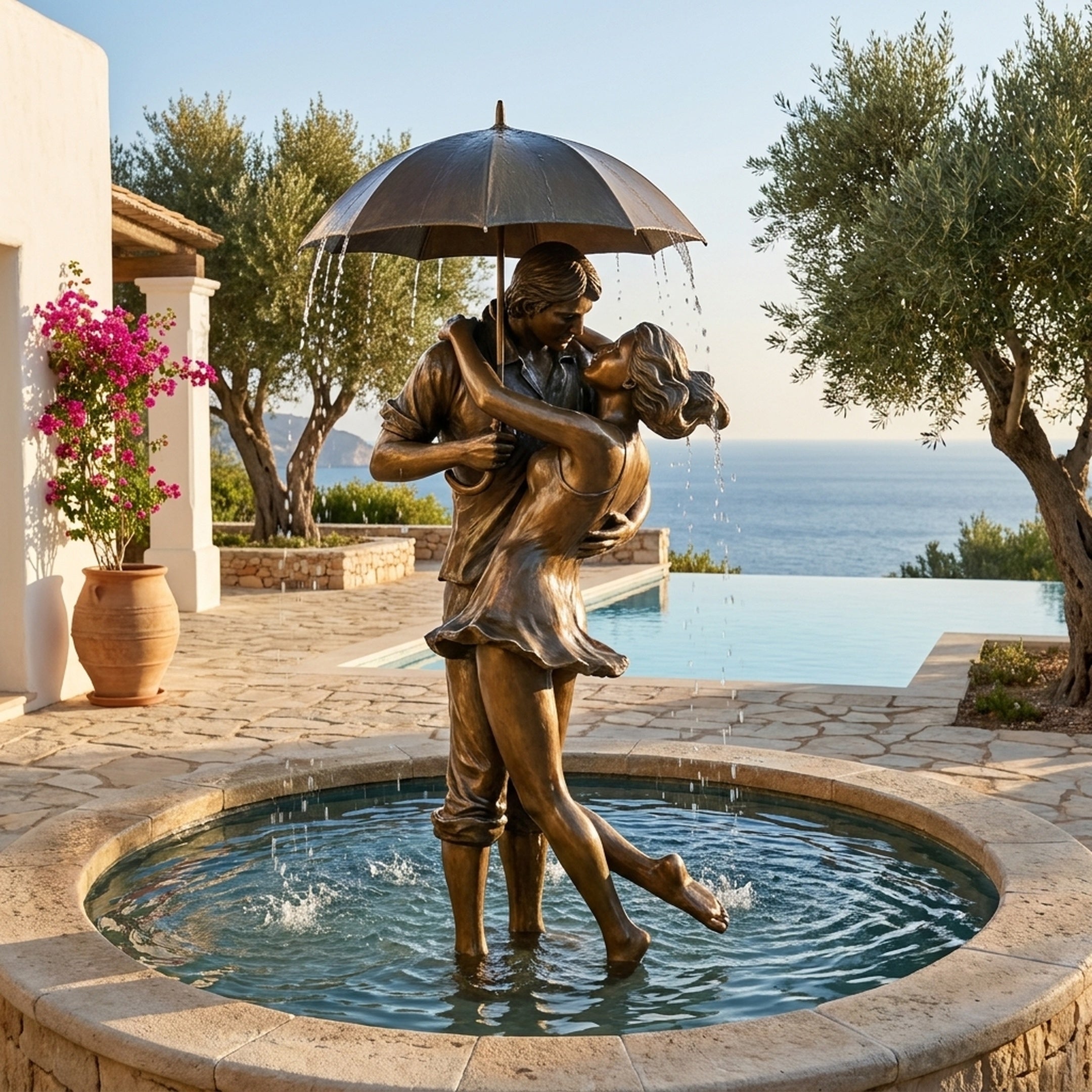 Life-Size Classical Embracing Couple Bronze Fountain - 220cm