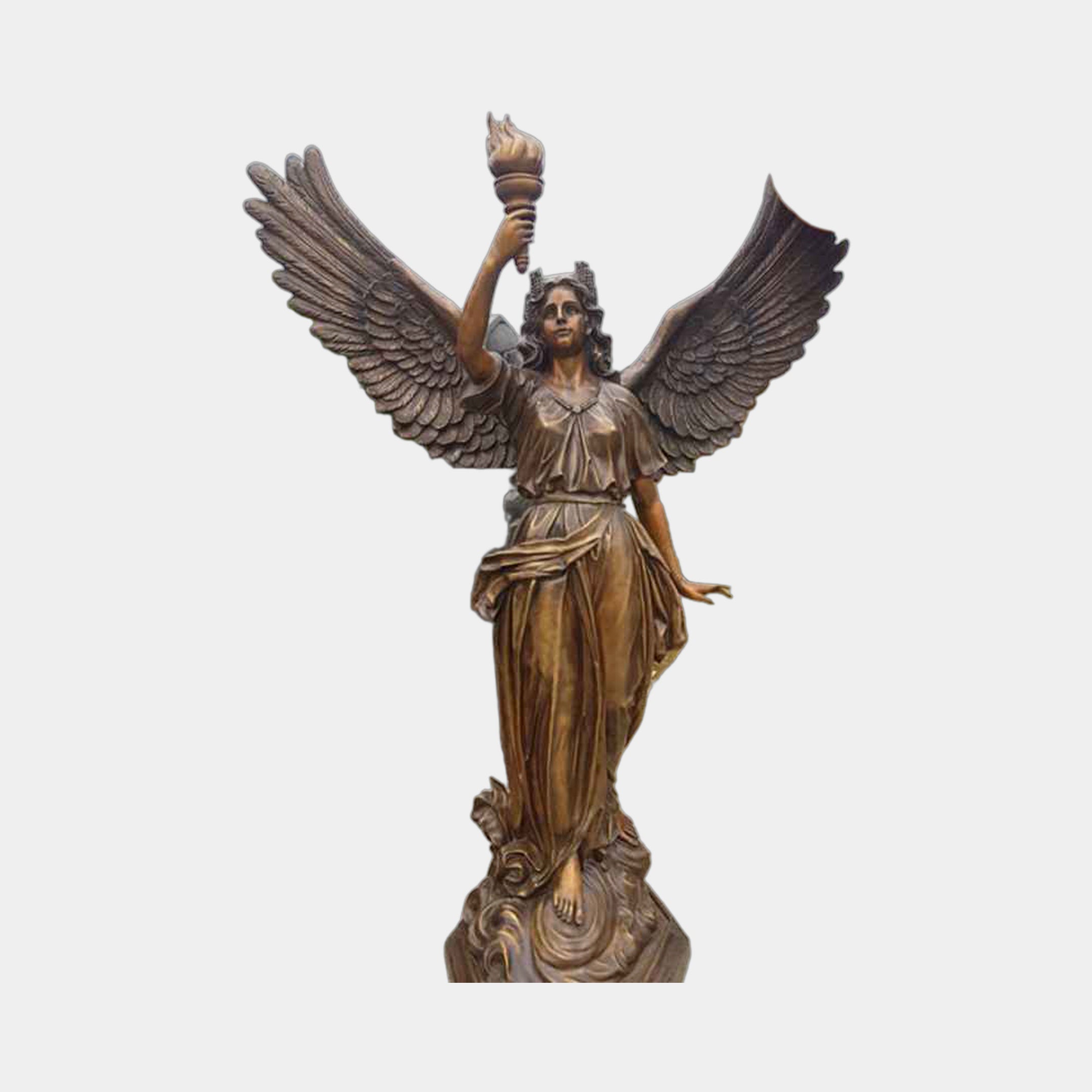 Giant Sculptures' Life-Size Classical Female Angel Bronze Sculpture 260cm, robed winged figure raising a torch, golden-brown patina, shown on a plain background.