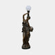Life-Size Classical Female Figure Bronze Sculpture by Giant Sculptures, 230cm draped goddess holding a frosted globe lamp aloft and a wicker basket.