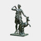 Life-Size Classical Goddess and Deer Bronze Sculpture by Giant Sculptures, shown with verdigris patina, raised arm reaching for arrows, and a bounding deer at her side.