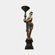 Life-Size Classical Goddess Lamp Bearer Bronze Sculpture by Giant Sculptures, draped female figure with verdigris patina holding a torch lamp on a stepped plinth.
