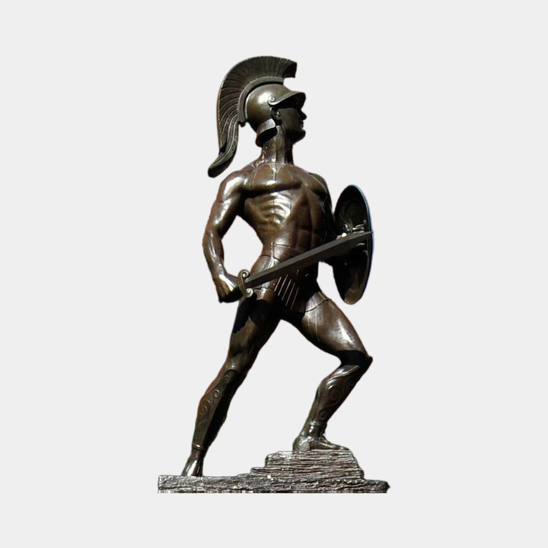 Life-Size Classical Greek Warrior Bronze Statue by Giant Sculptures in dark brown patina, shown in wide combat stance with sword, aspis shield, and plumed Corinthian helmet.
