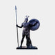 Life-Size Classical Greek Warrior Bronze Statue 300cm by Giant Sculptures, dark patina hoplite with plumed Corinthian helmet, raised round shield, and tall spear on a plinth.