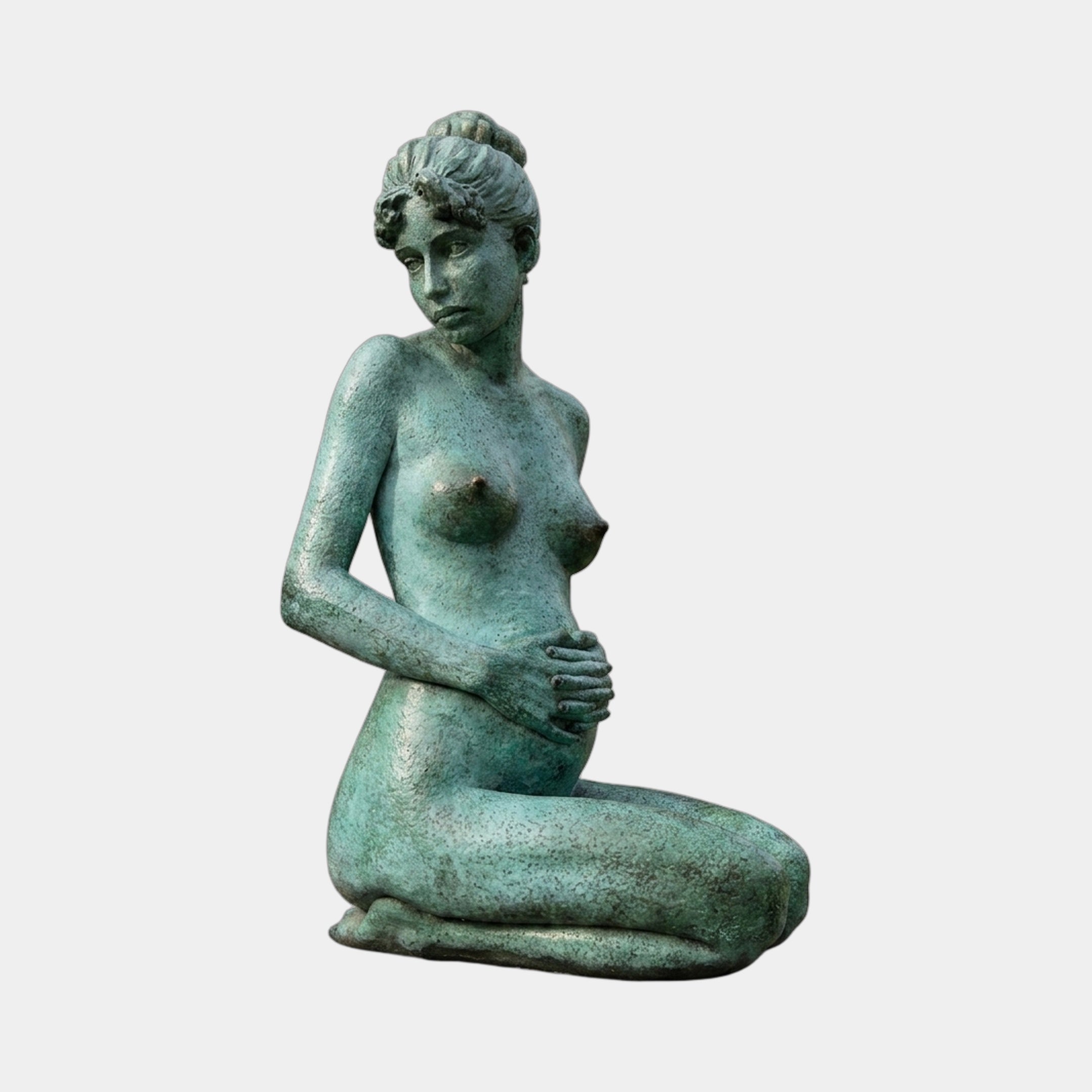Life-Size Classical Kneeling Female Figure Bronze Sculpture by Giant Sculptures in verdigris patina, nude form kneeling with hands resting on abdomen.