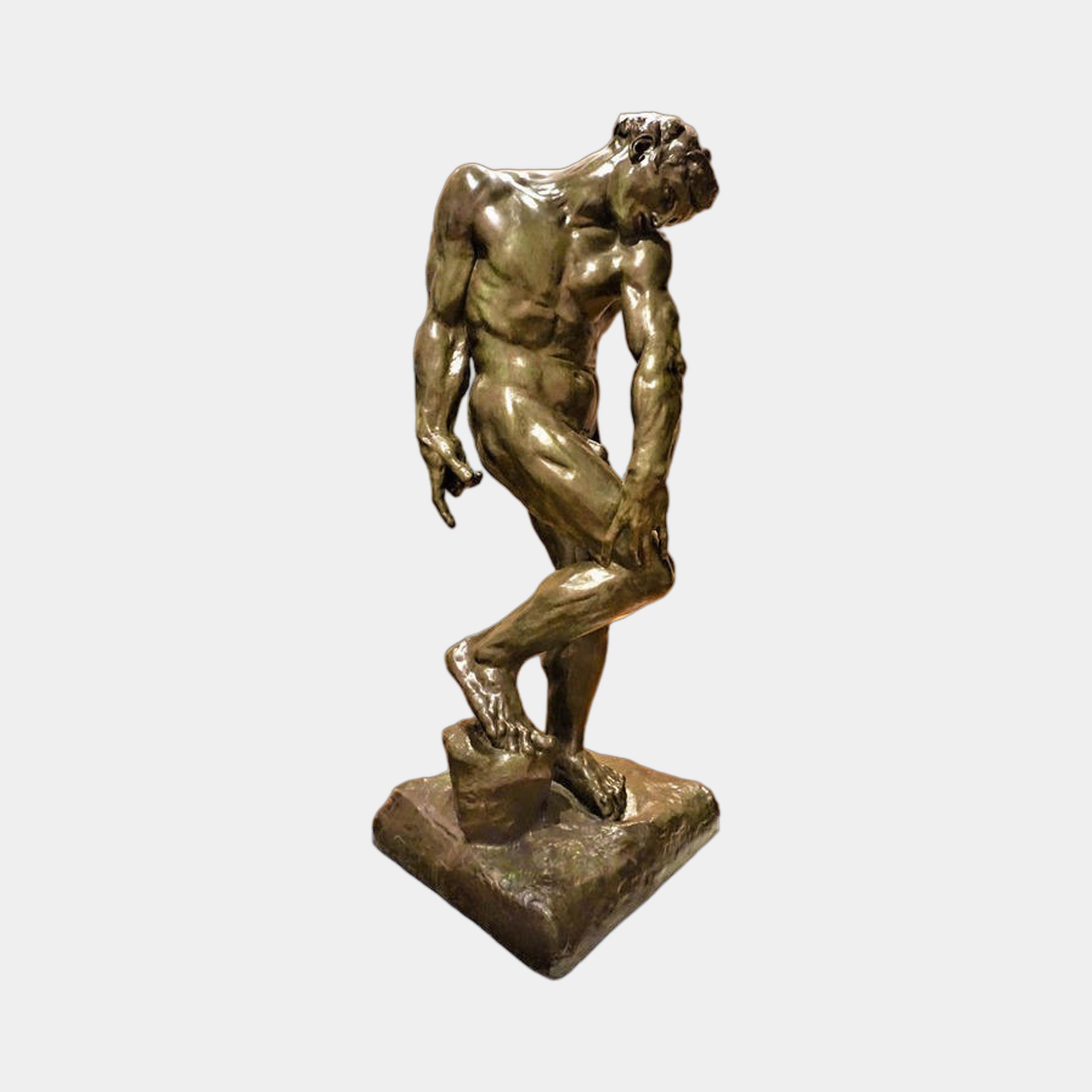 Giant Sculptures Life-Size Classical Male Figure Bronze Sculpture 220cm in contrapposto pose with bowed head on a rocky base, dark patina, plain background.