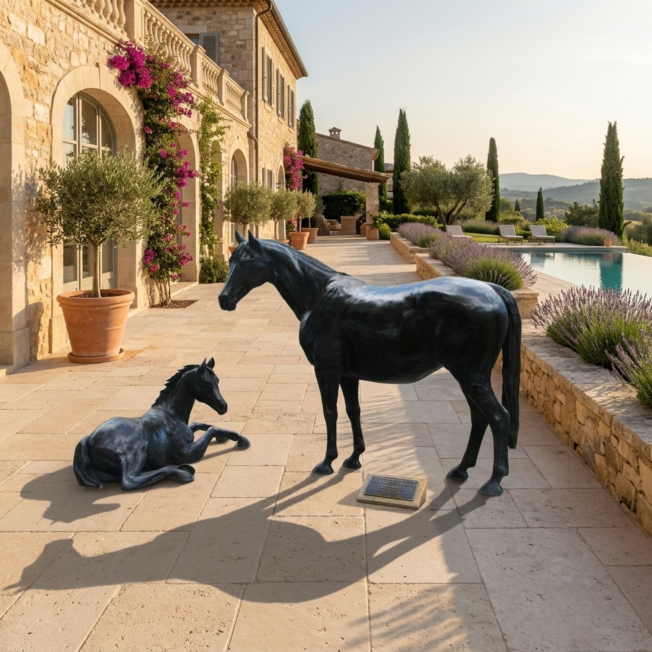 Life-Size Classical Mare and Foal Bronze Sculpture by Giant Sculptures in dark patina on a stone terrace beside a villa, lavender beds, and pool.