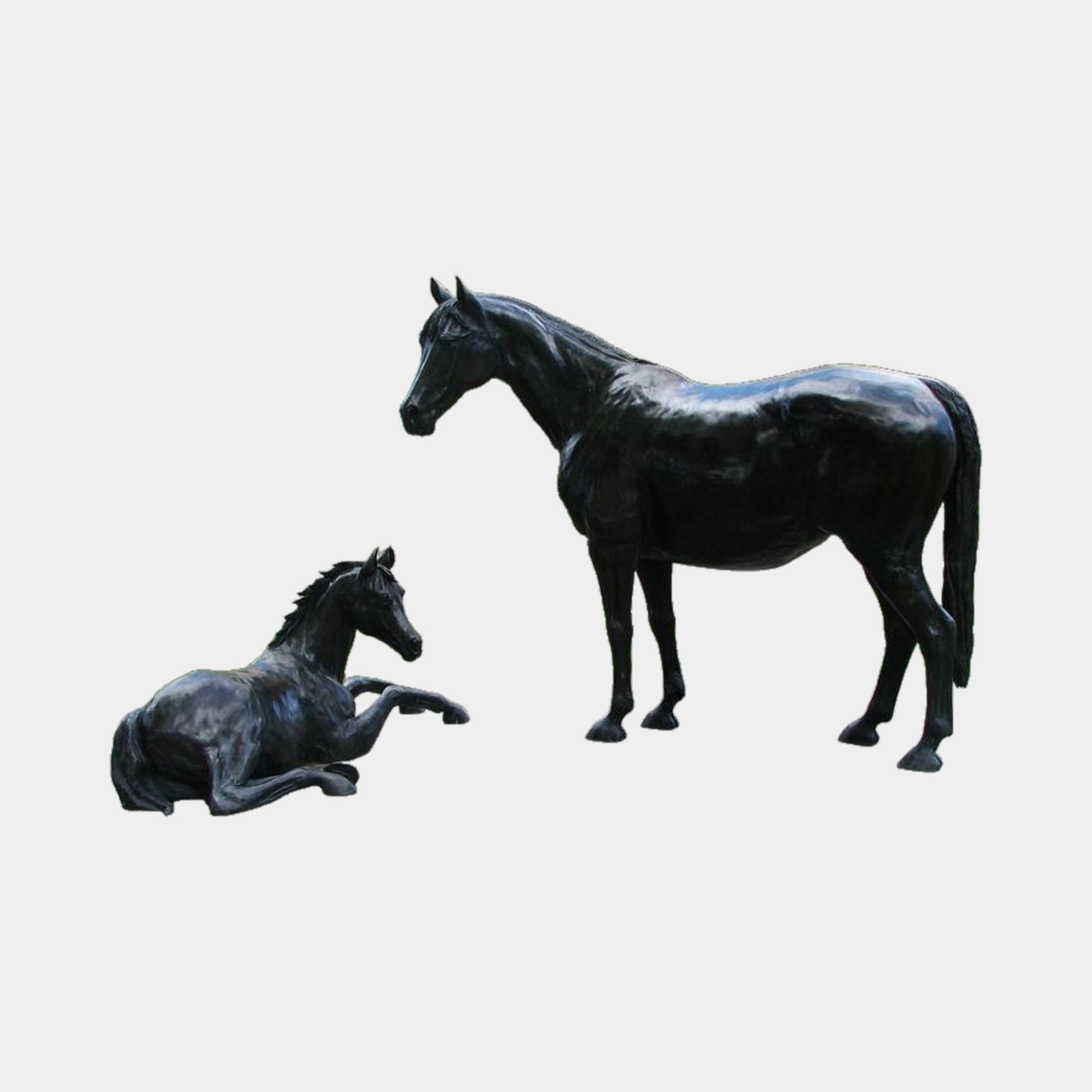Giant Sculptures Life-Size Classical Mare and Foal Bronze Sculpture in dark patinated bronze, showing the standing mare beside the recumbent foal companion.