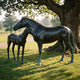 Life-Size Classical Mare and Standing Foal Bronze Sculpture by Giant Sculptures, dark patina with green verdigris, displayed on grass beneath a large tree.