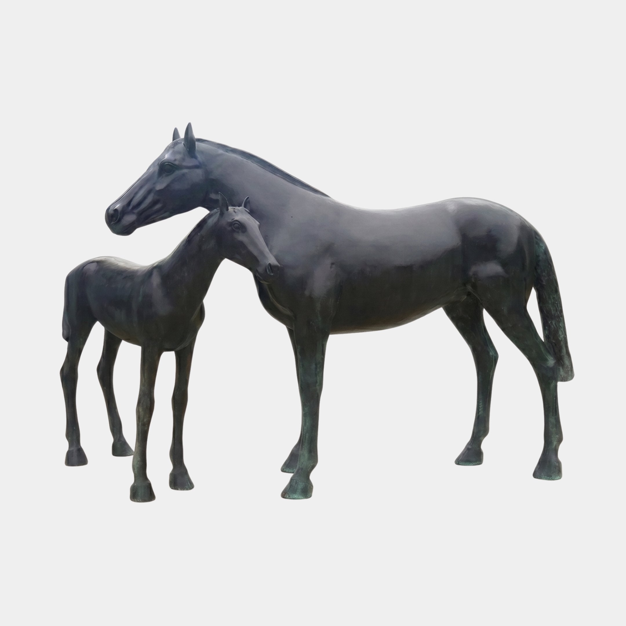 Life-Size Classical Mare and Standing Foal Bronze Sculpture by Giant Sculptures, side-by-side pose with dark patina and green verdigris on the legs.