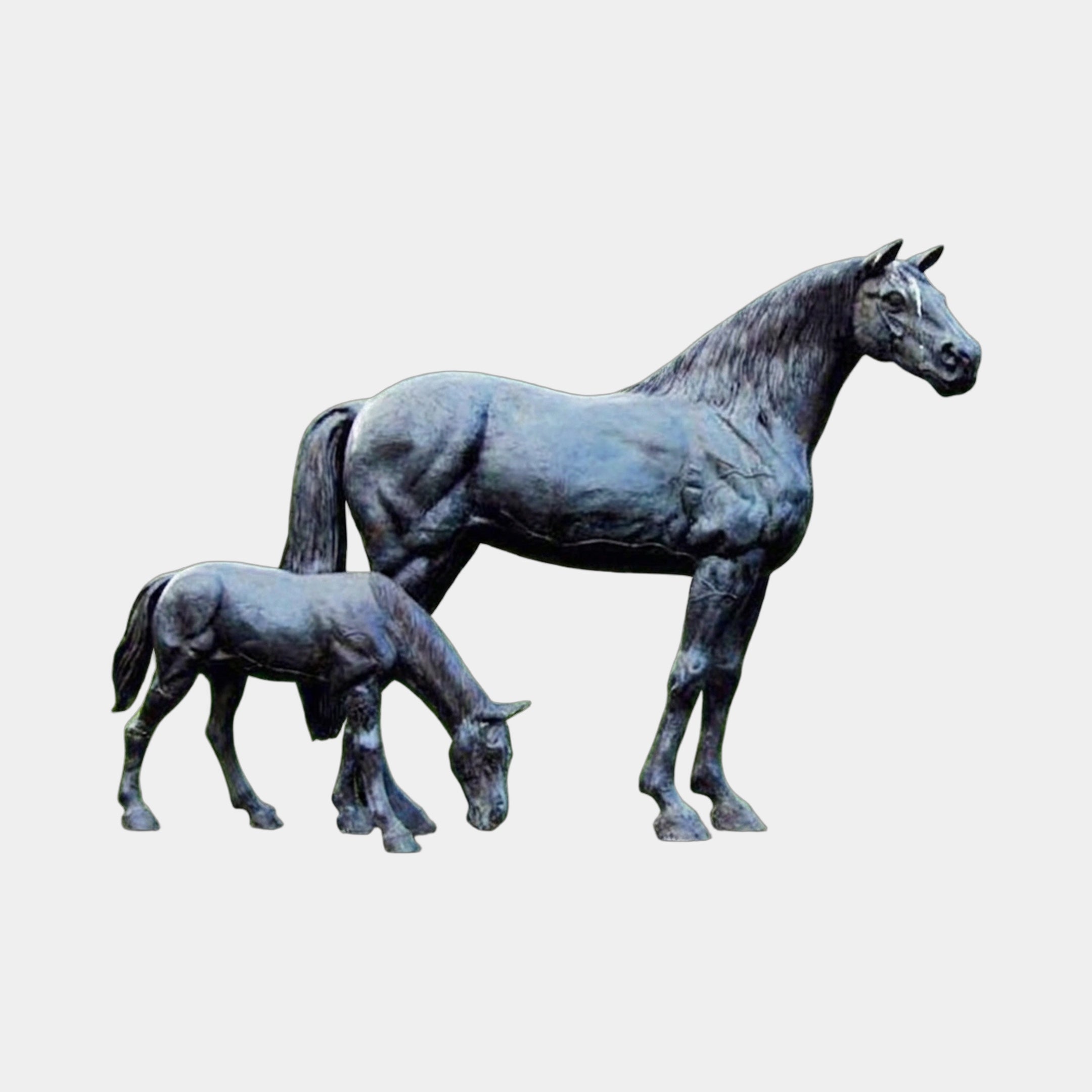 Life-Size Classical Mare and Foal Bronze Sculpture by Giant Sculptures, dark patina finish showing the alert mare beside her grazing foal on a plain background.