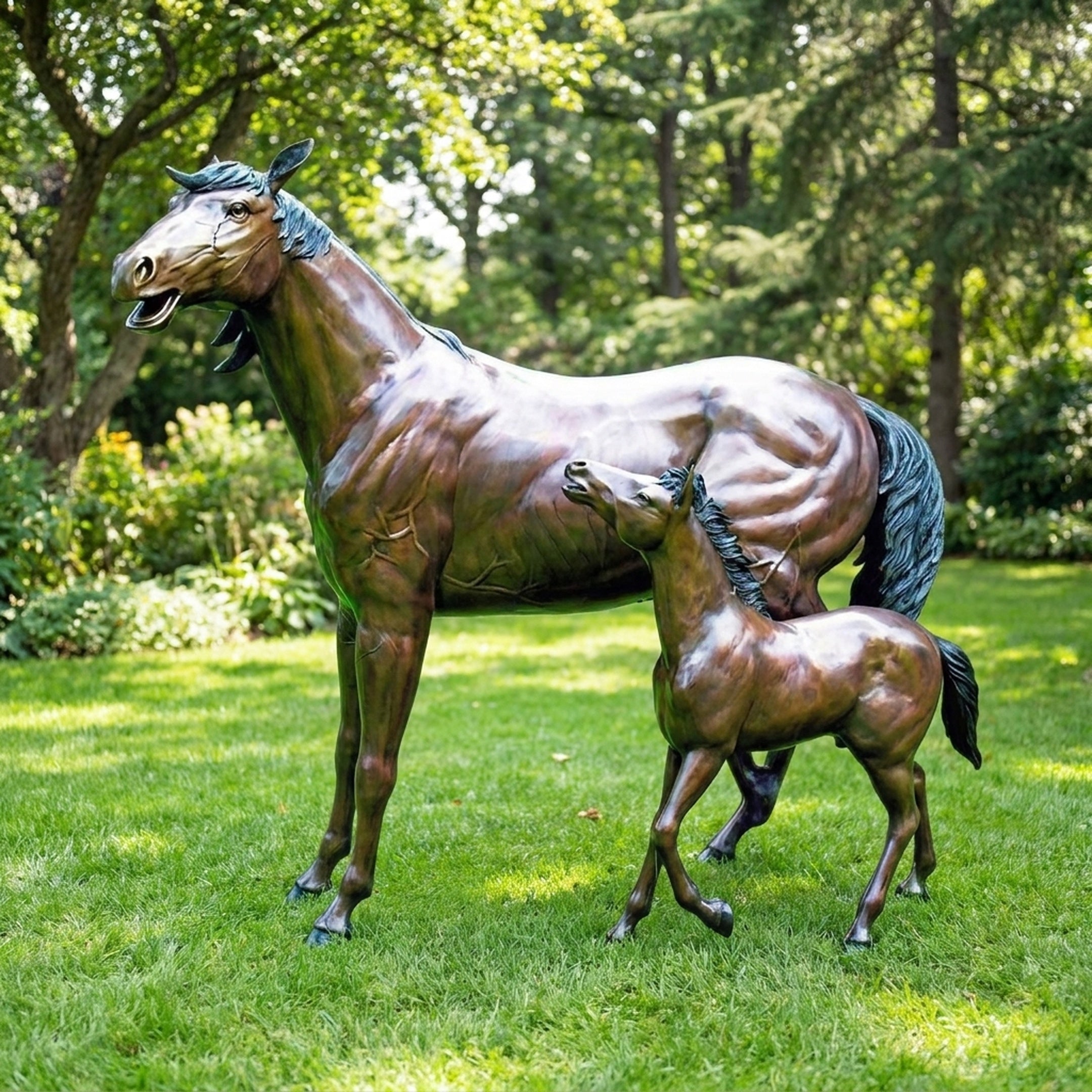 Giant Sculptures Life-Size Classical Mare and Nursing Foal Bronze Sculpture 130cm in warm brown patina, foal pressed to the mare's flank on a sunlit lawn.