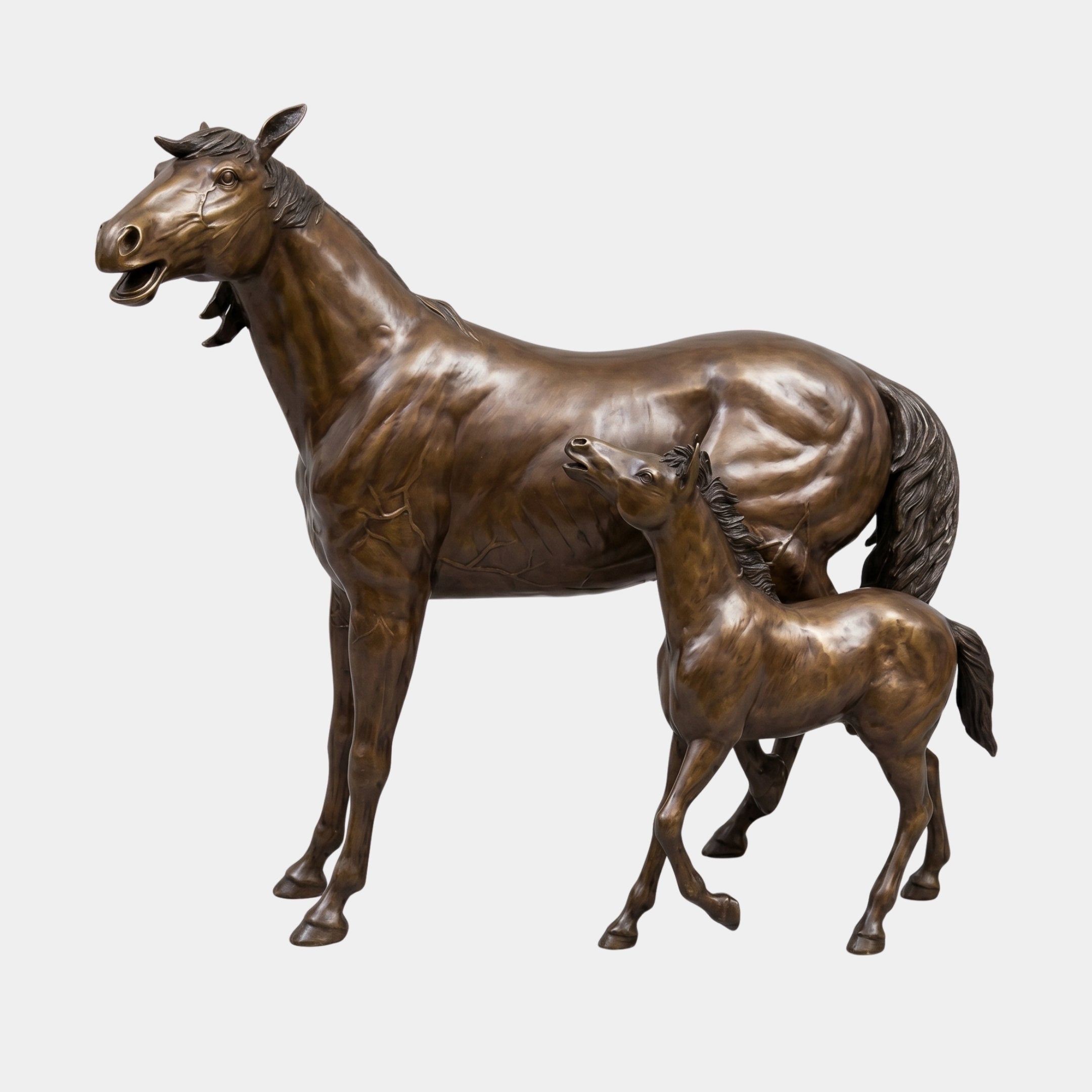 Life-Size Classical Mare and Nursing Foal Bronze Sculpture by Giant Sculptures, 130cm, mare with head raised mid-call beside her foal, warm mid-brown patina.