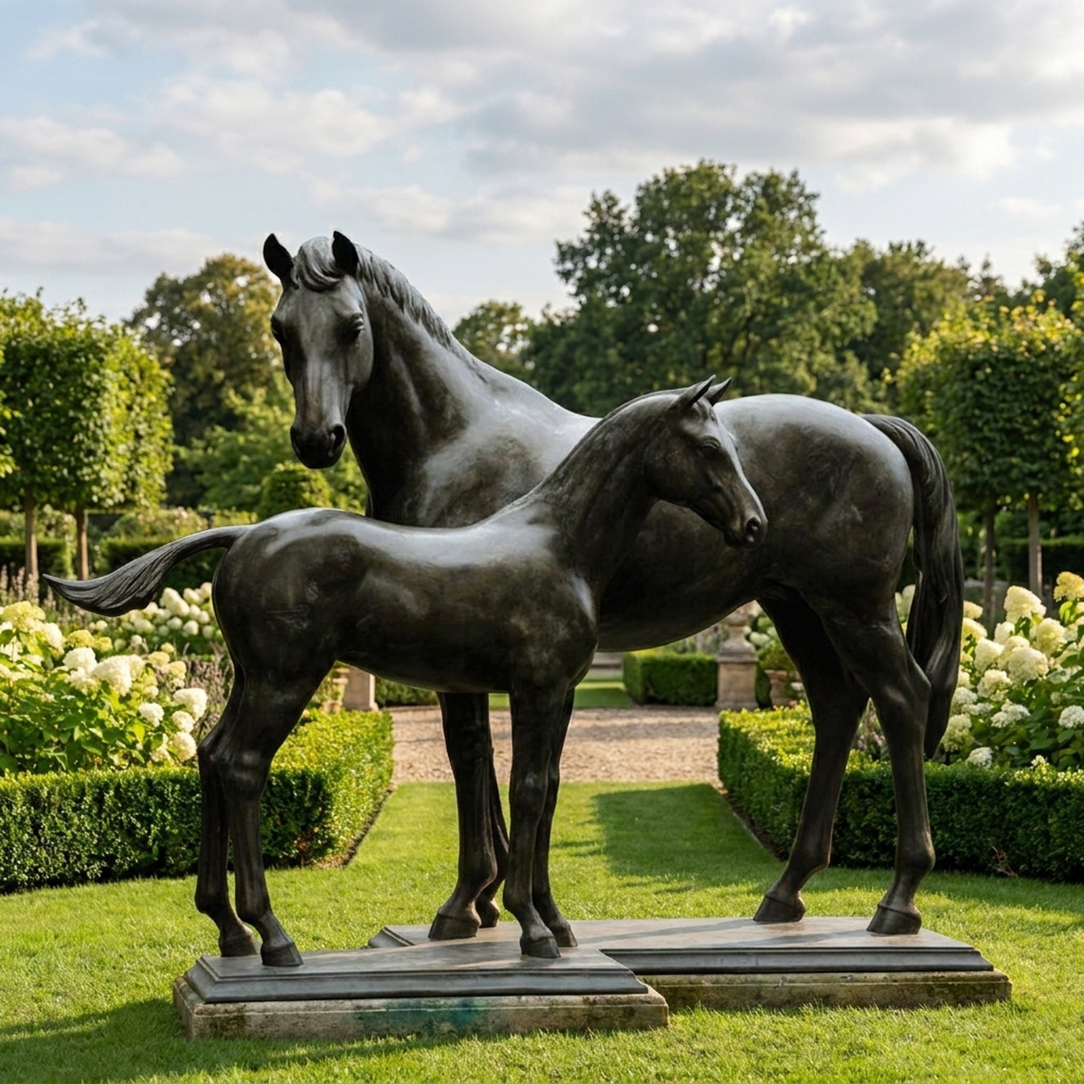 Life-Size Classical Mare and Foal Bronze Sculpture by Giant Sculptures shown in a formal garden, with the dark patinated foal in profile beside the mare.