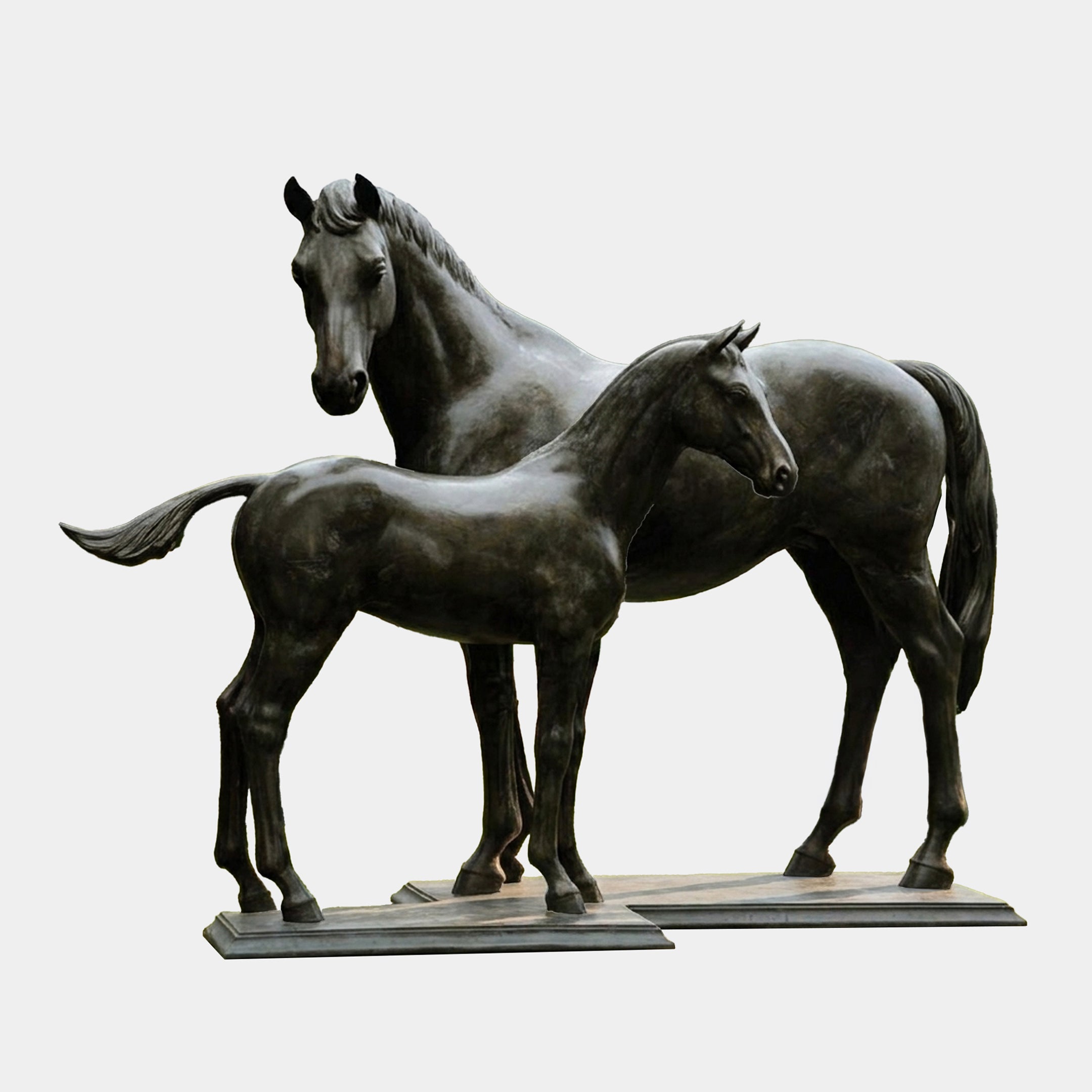 Life-Size Classical Mare and Foal Bronze Sculpture from Giant Sculptures, dark patinated mare and foal in profile on rectangular plinths against a plain background.