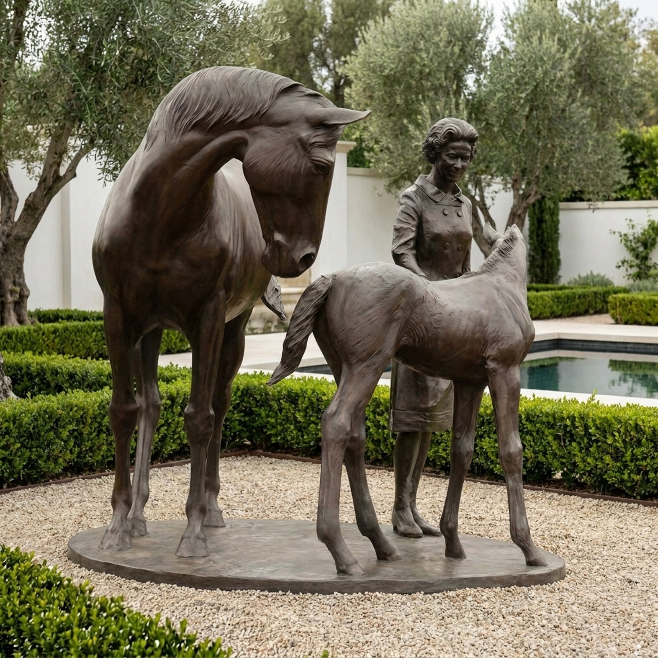 Life-Size Classical Mare and Foal Bronze Sculpture by Giant Sculptures, showing the mare bowing toward the foal beside a standing female figure in a garden.