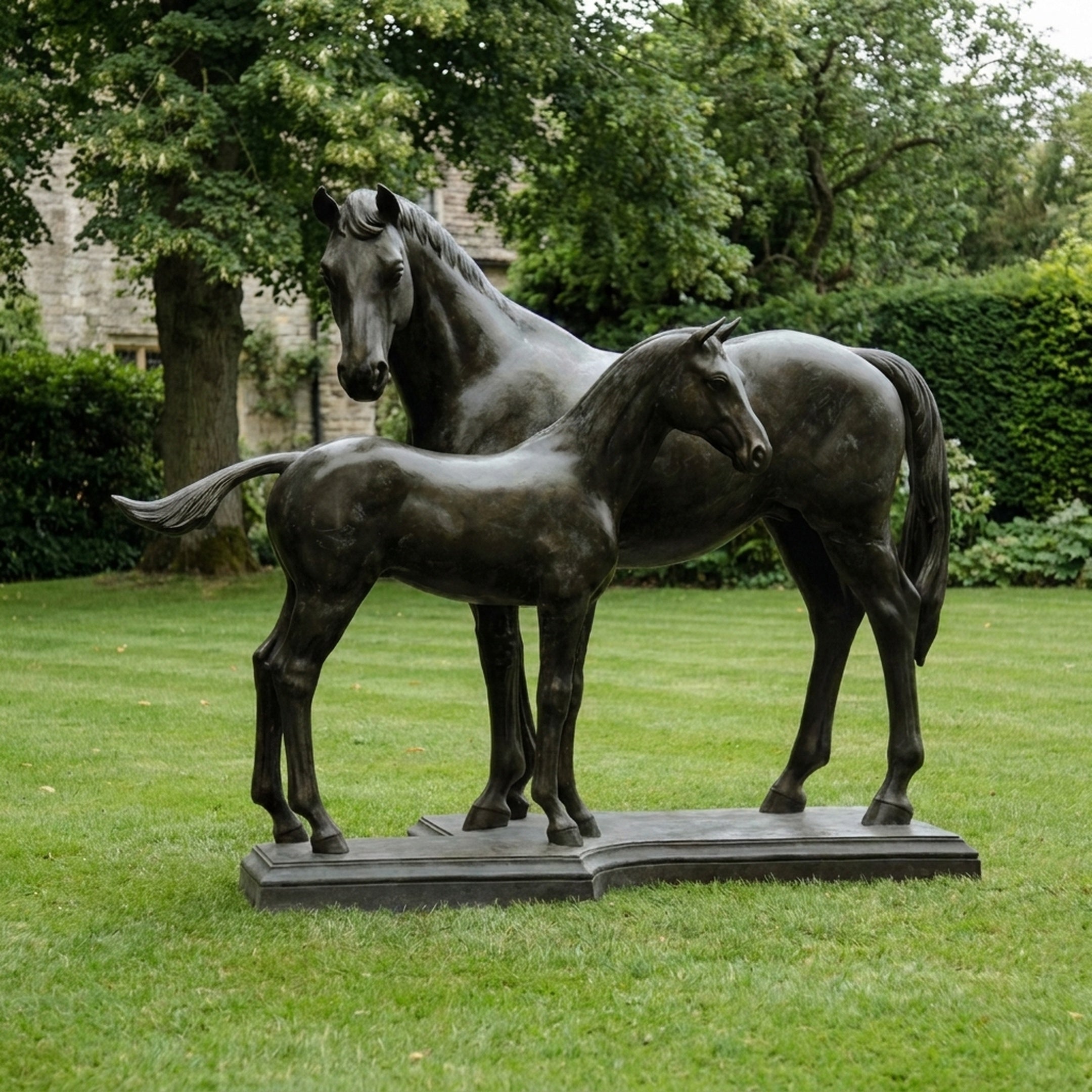 Life-Size Classical Mare and Foal Bronze Sculpture by Giant Sculptures, dark patina finish, displayed on a lawn with trees and stone building behind.