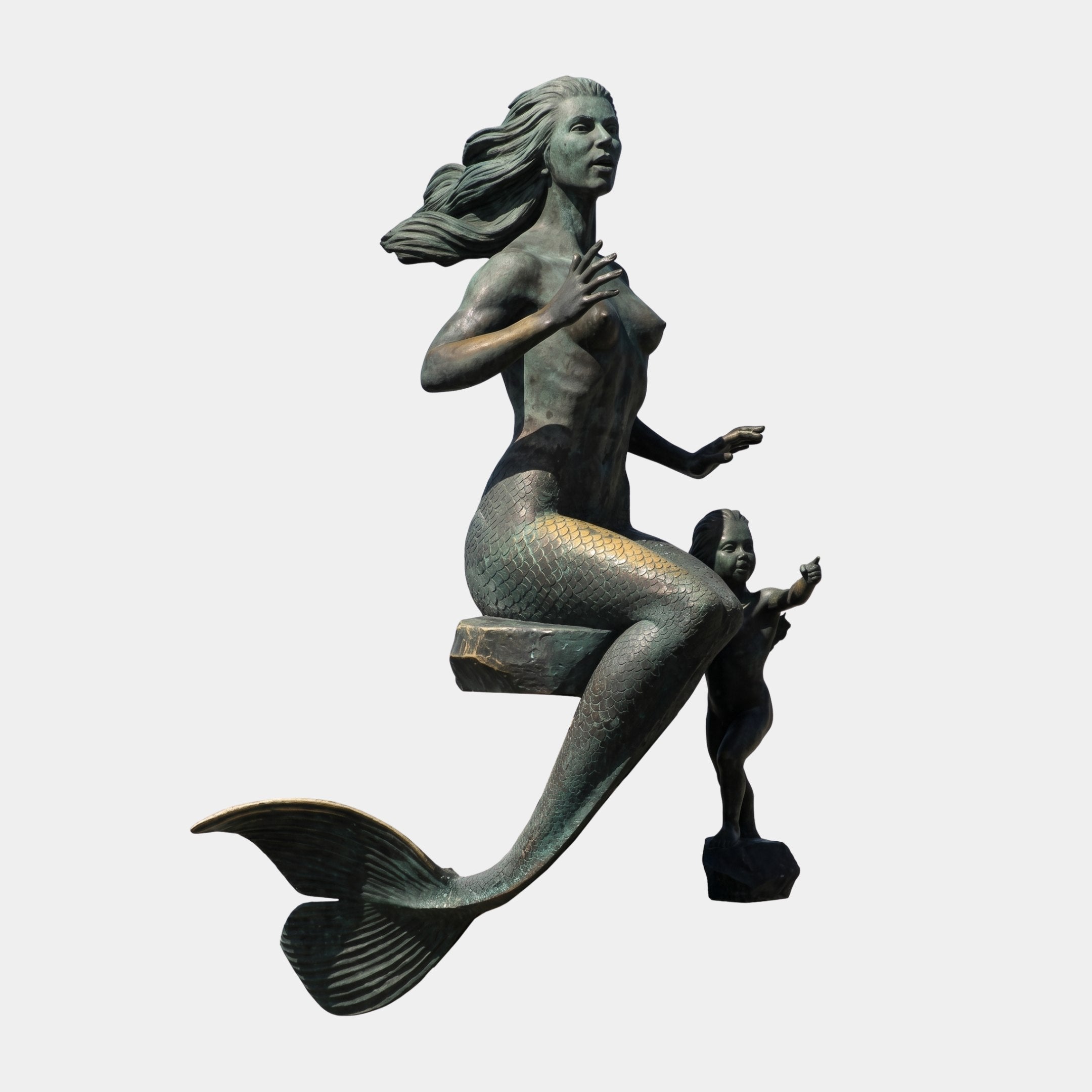 Life-Size Classical Mermaid and Merboy Bronze Sculpture 350cm by Giant Sculptures, green verdigris patina with golden scaled tail, child reaching upward.