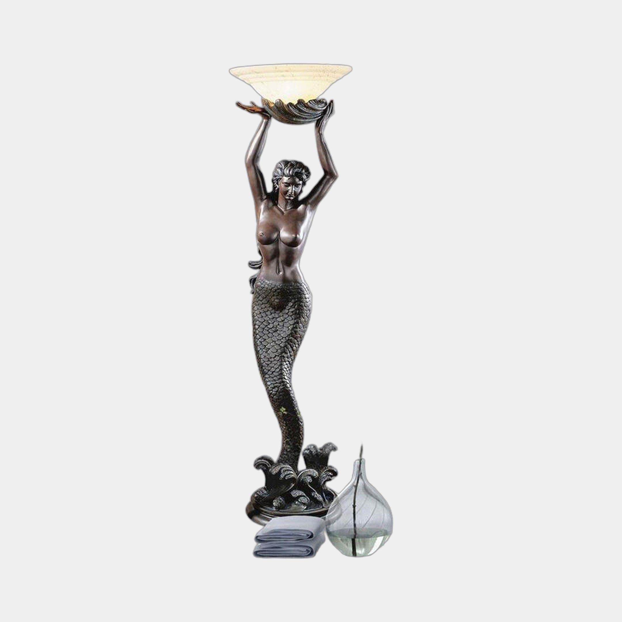 Life-Size Classical Mermaid Lamp Bearer Bronze Sculpture by Giant Sculptures, 210cm, holding a frosted shell light bowl overhead above a wave base, on plain grey.