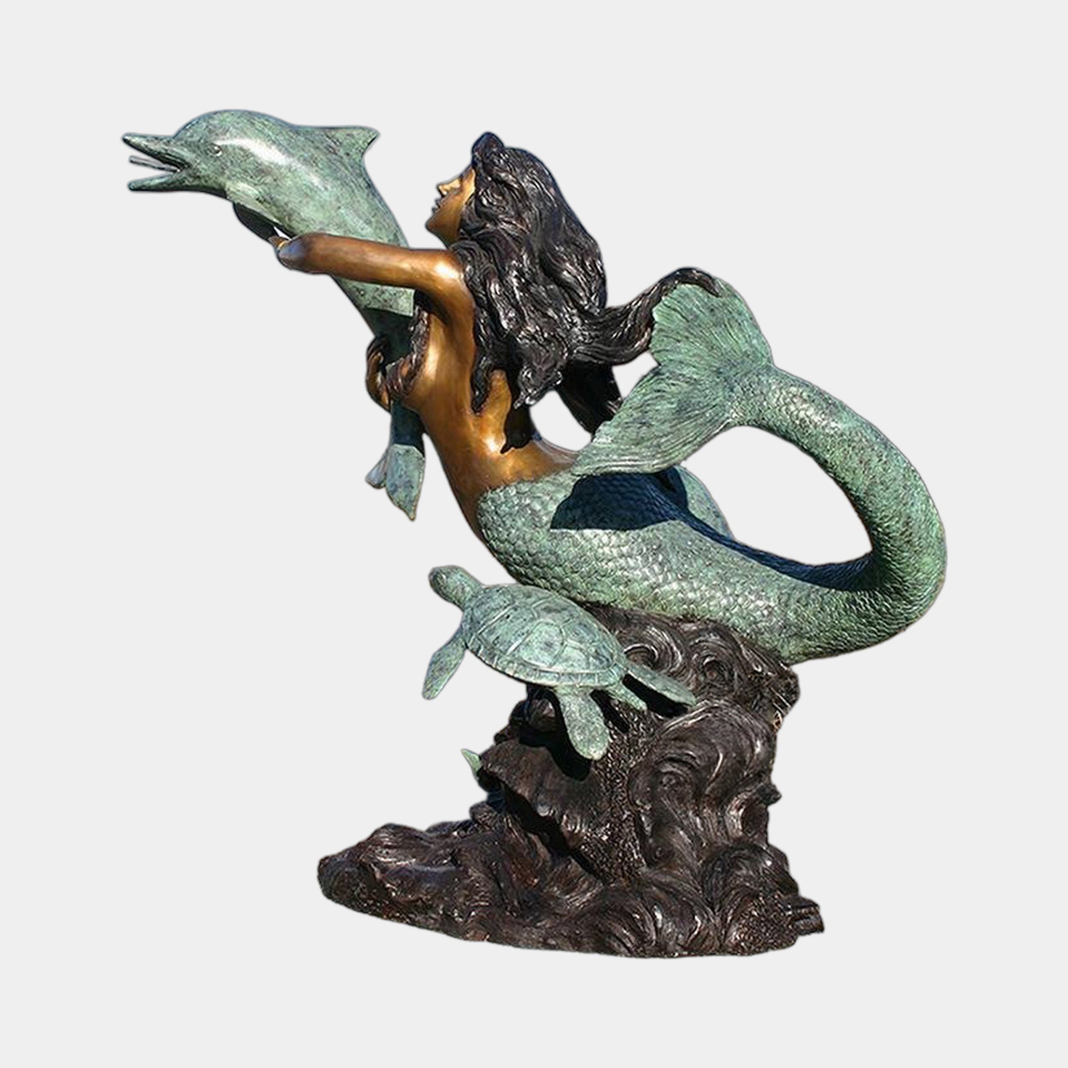 Side view of the Giant Sculptures Life-Size Classical Mermaid with Dolphin and Sea Turtle Bronze Fountain in golden and verdigris patina on a wave base.