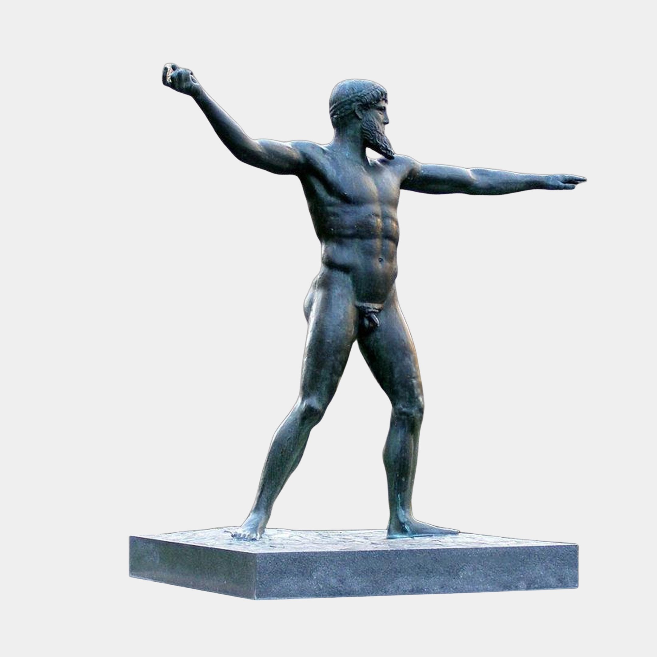 Life-Size Classical Nude Male Deity Bronze Sculpture by Giant Sculptures, bearded figure in wide throwing stance with dark patina, on granite plinth, plain background.