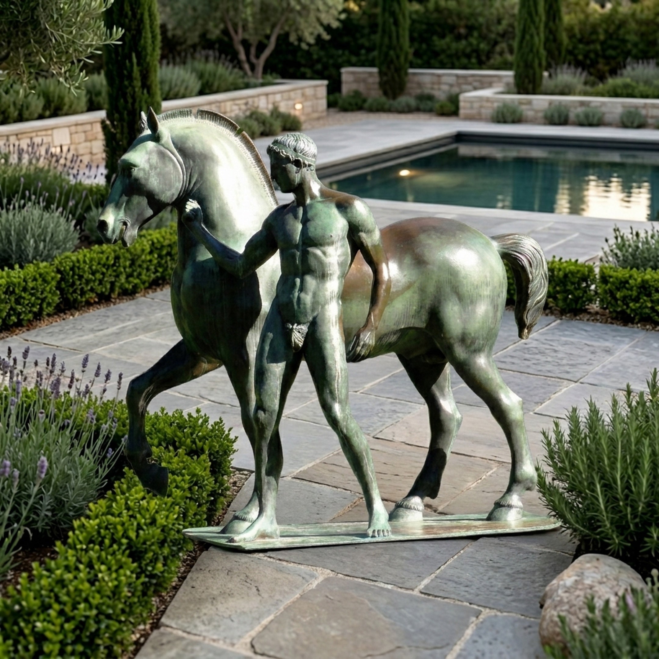 Giant Sculptures Life-Size Classical Nude Male Figure and Horse Bronze Sculpture with verdigris patina, displayed on stone paving beside a garden pool and lavender beds.