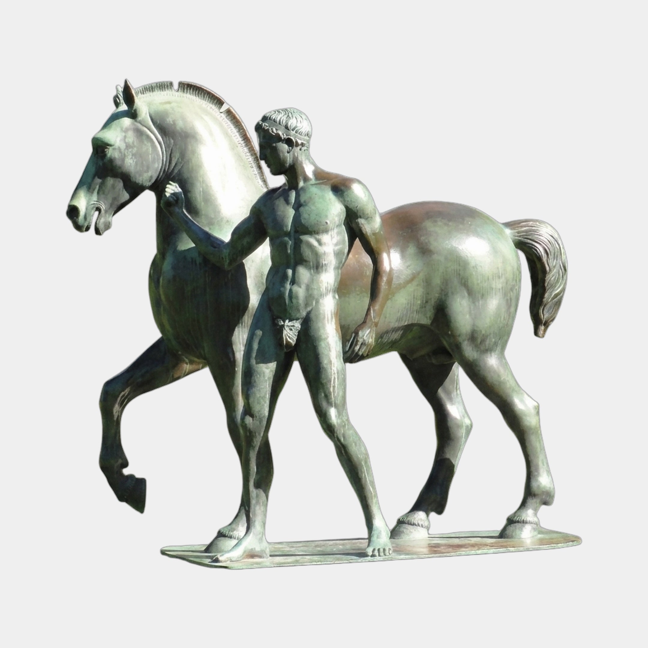 Life-Size Classical Nude Male Figure and Horse Bronze Sculpture by Giant Sculptures, showing a laurel-crowned athlete walking beside a horse with green verdigris patina.