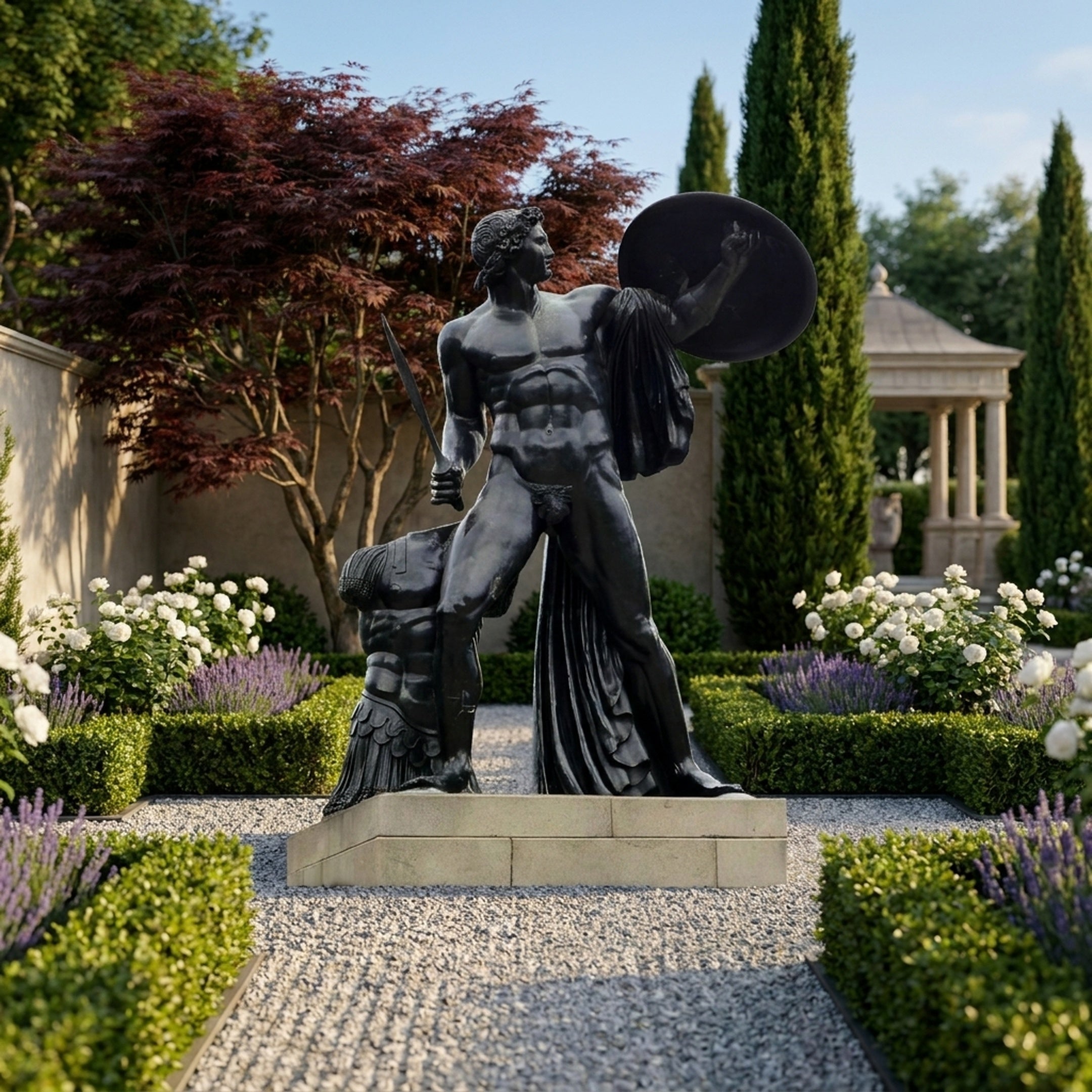 Life-Size Classical Nude Male Warrior Bronze Statue by Giant Sculptures, near-black figure raising a shield with sword in hand, displayed in a formal garden.