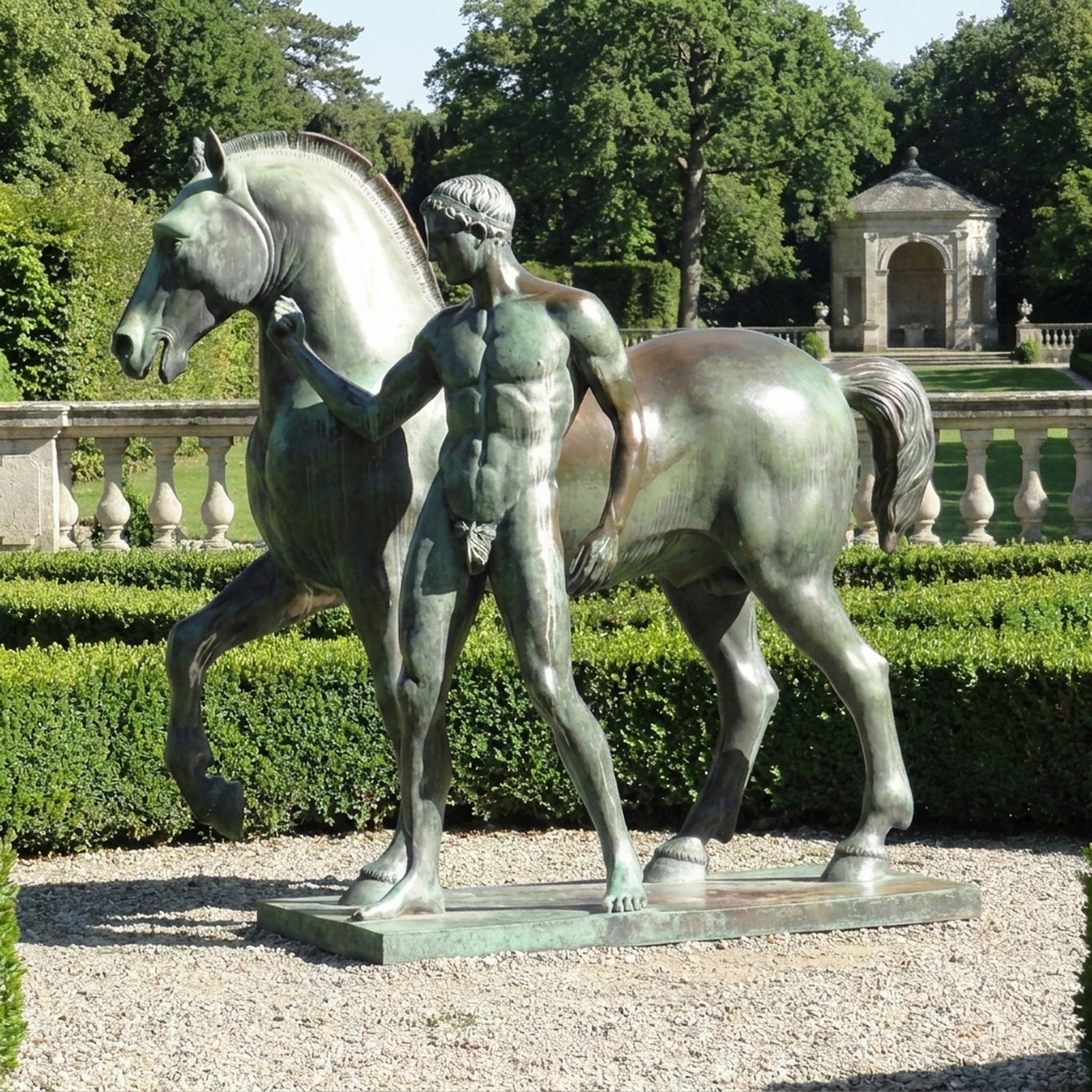 Life-Size Classical Nude Male with Horse Bronze Sculpture by Giant Sculptures in verdigris patina, shown in a formal garden with hedges and balustrade.