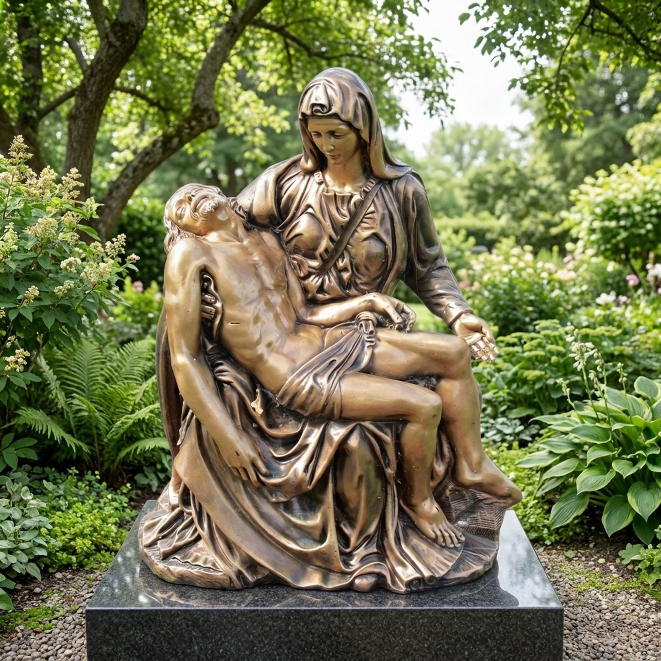 Life-Size Classical Pietà Bronze Sculpture by Giant Sculptures, 180cm, displayed on a dark granite plinth in a lush garden with ferns and flowering shrubs.