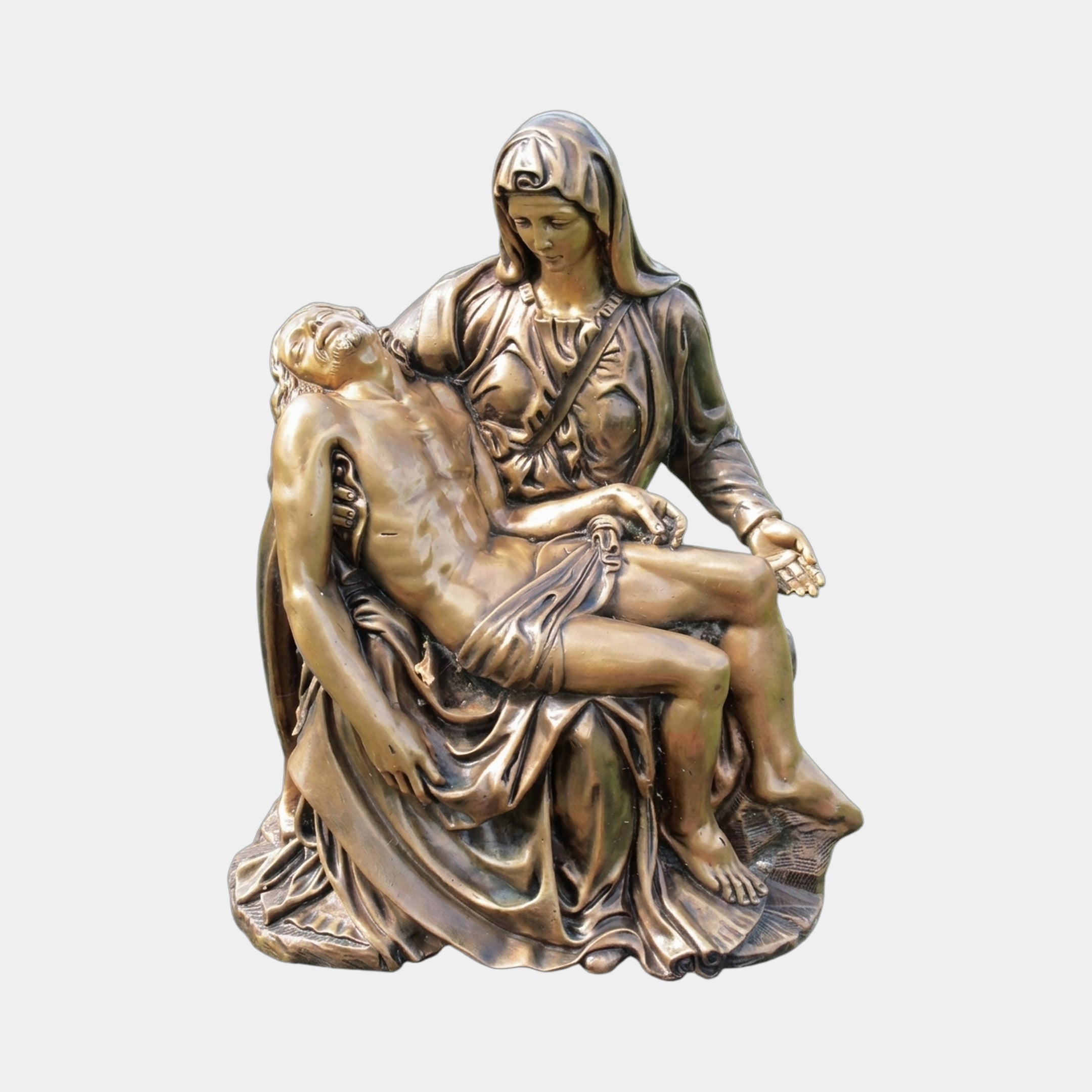 Life-Size Classical Pietà Bronze Sculpture by Giant Sculptures, 180cm, showing the veiled Virgin Mary cradling Christ in a warm golden-brown patina against a plain background.