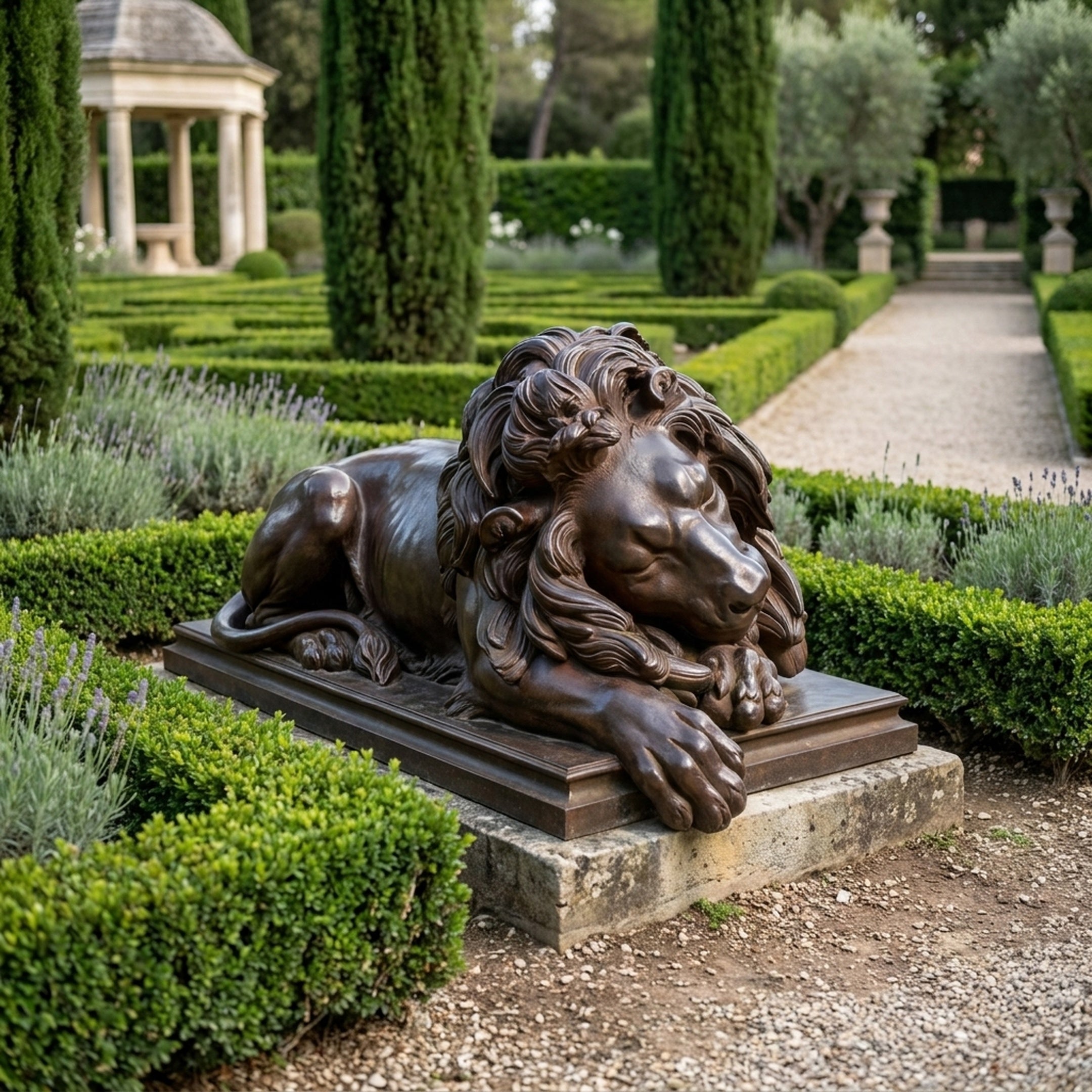 Life-Size Classical Reclining Lion Bronze Sculpture by Giant Sculptures with dark patina, resting on a stone plinth in a formal garden with cypress trees and lavender.