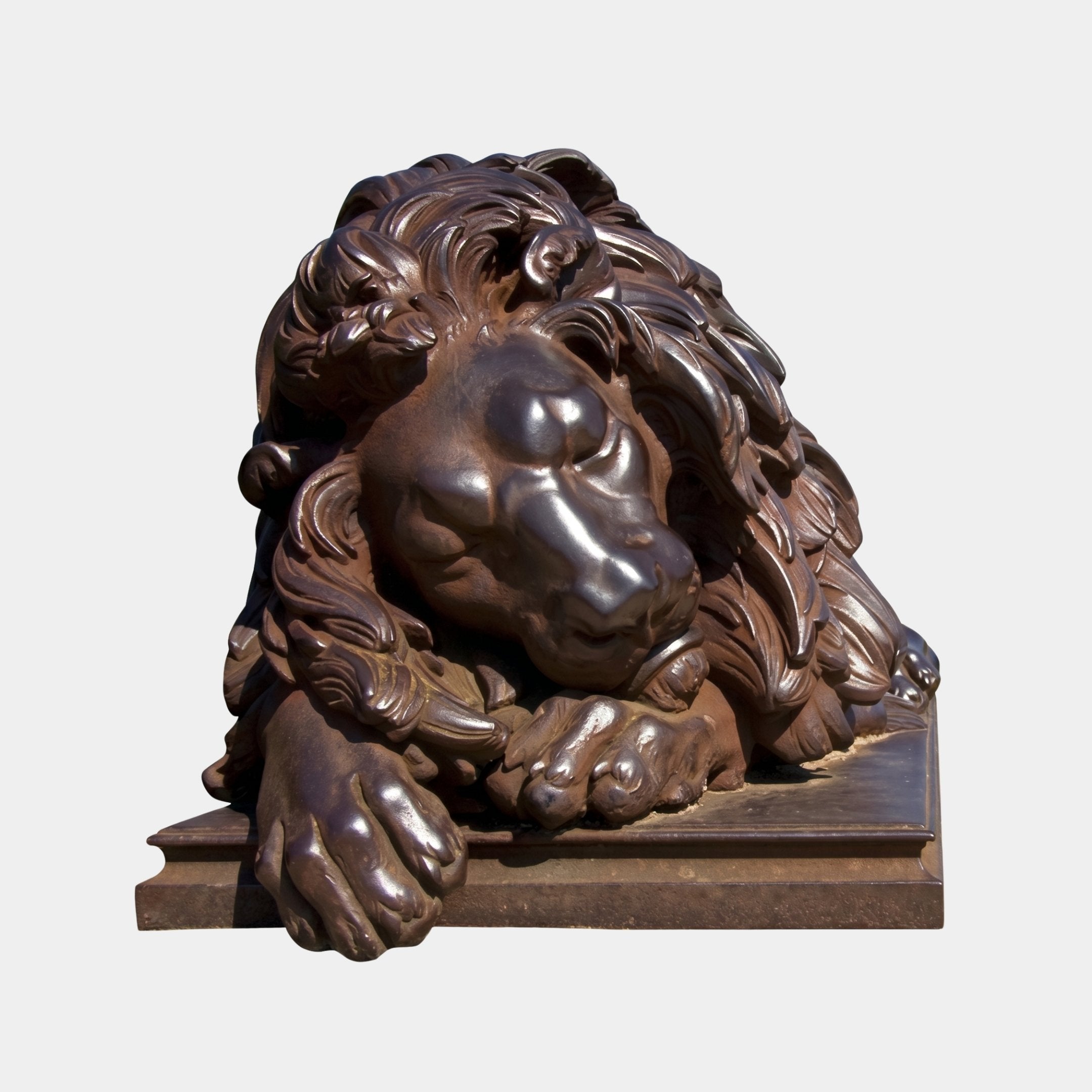 Life-Size Classical Reclining Lion Bronze Sculpture by Giant Sculptures, 140cm, shown resting with head on paws in a dark brown patina against a plain background.